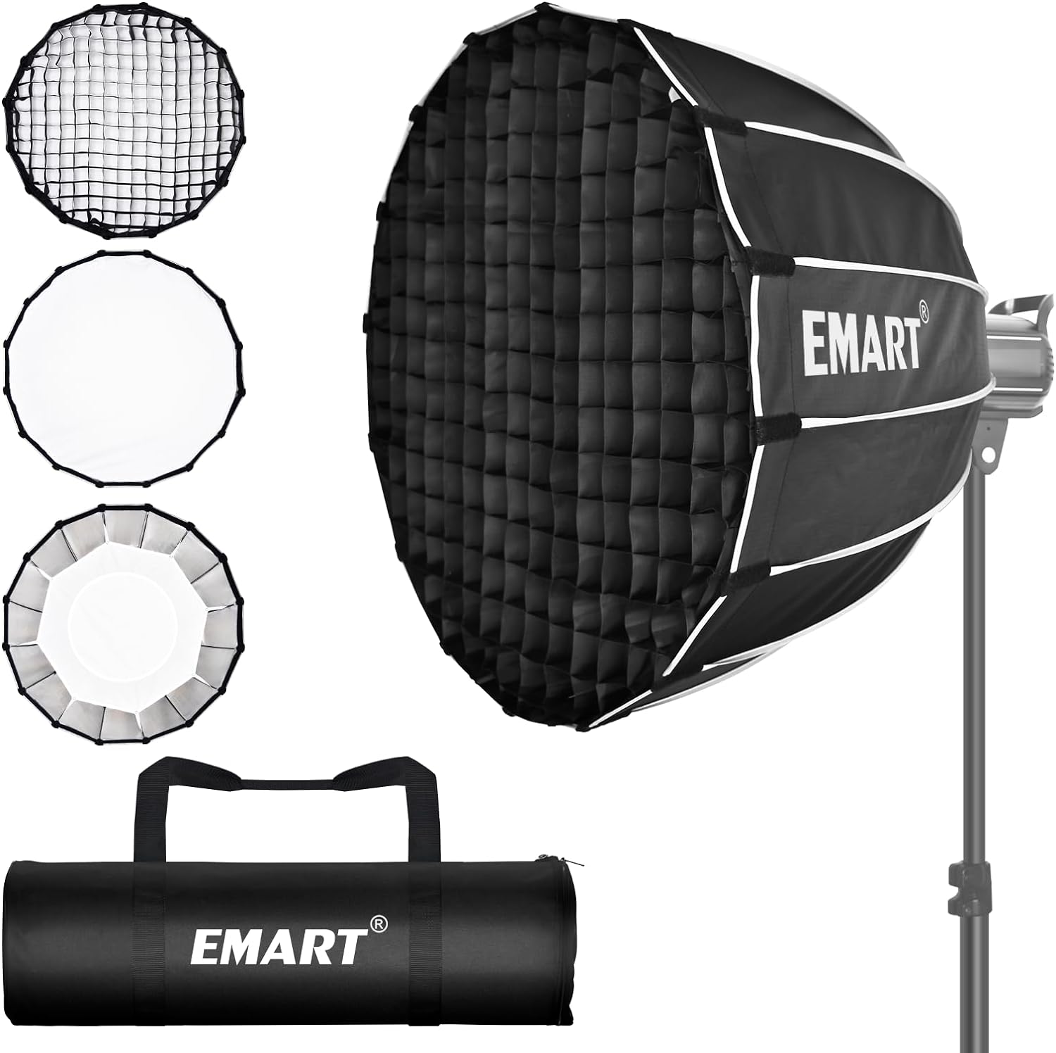 EMART 26inch/66cm Parabolic Softbox with Diffusers/Honeycomb Grid/Bag,Quick Set up Bowens Mount Softbox Compatible with 120d Light Dome sl60w RGB CB60 and Other Bowens Mount Light