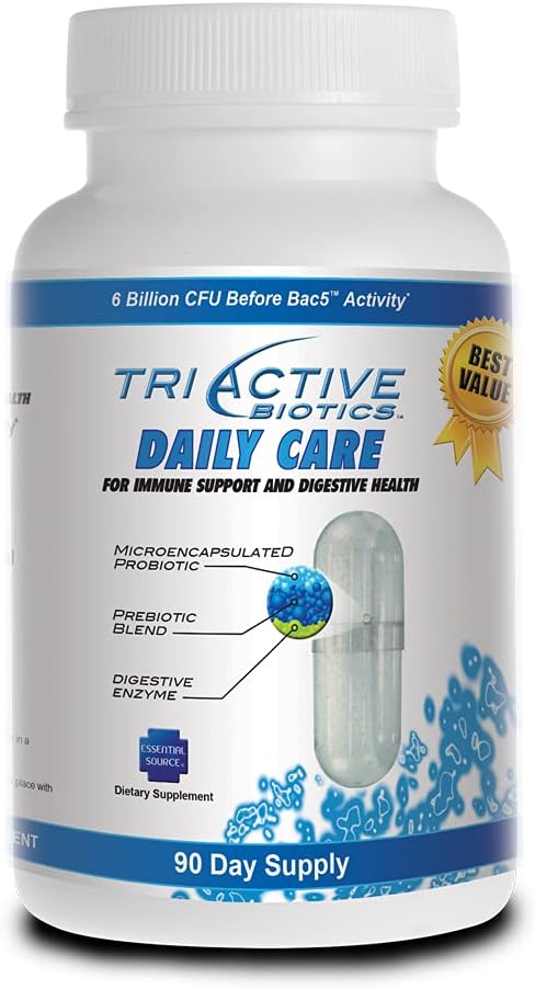 Essential Source TriActive Biotics Daily Care - Probiotics, Prebiotic Blend with 6 Billion CFU - Digestive Enzymes Supplement for Men & Women - Helps Support Gut Health, Immune Defense - 90 Capsules