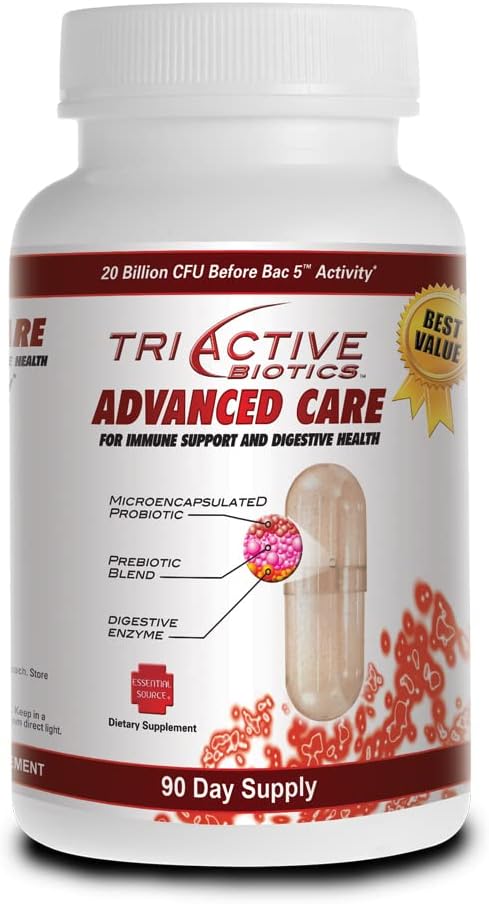 Essential Source TriActive Biotics Advanced Care - 20 Billion CFU Probiotics for Digestive Health, Immune Support Supplement, Microencapsulated Probiotics for Women & Men, 90 Ct Capsules