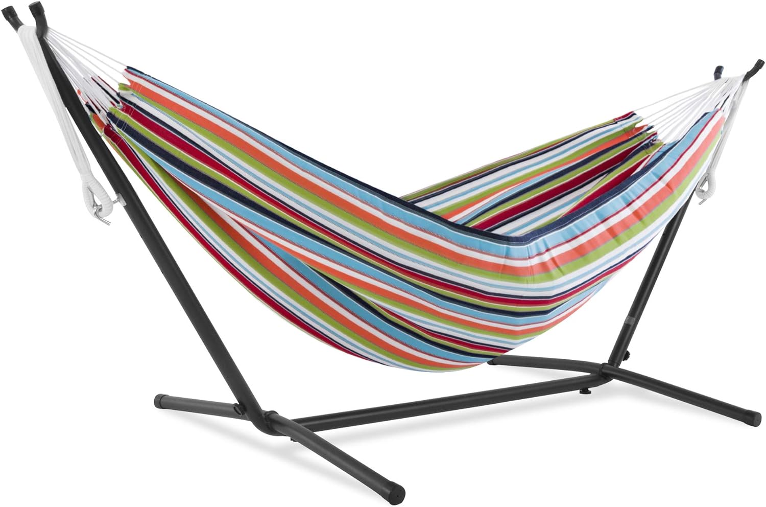 Vivere Double Sunbrella Hammock with Space Saving Steel Stand, Carousel Confetti (450 lb Capacity - Premium Carry Bag Included)