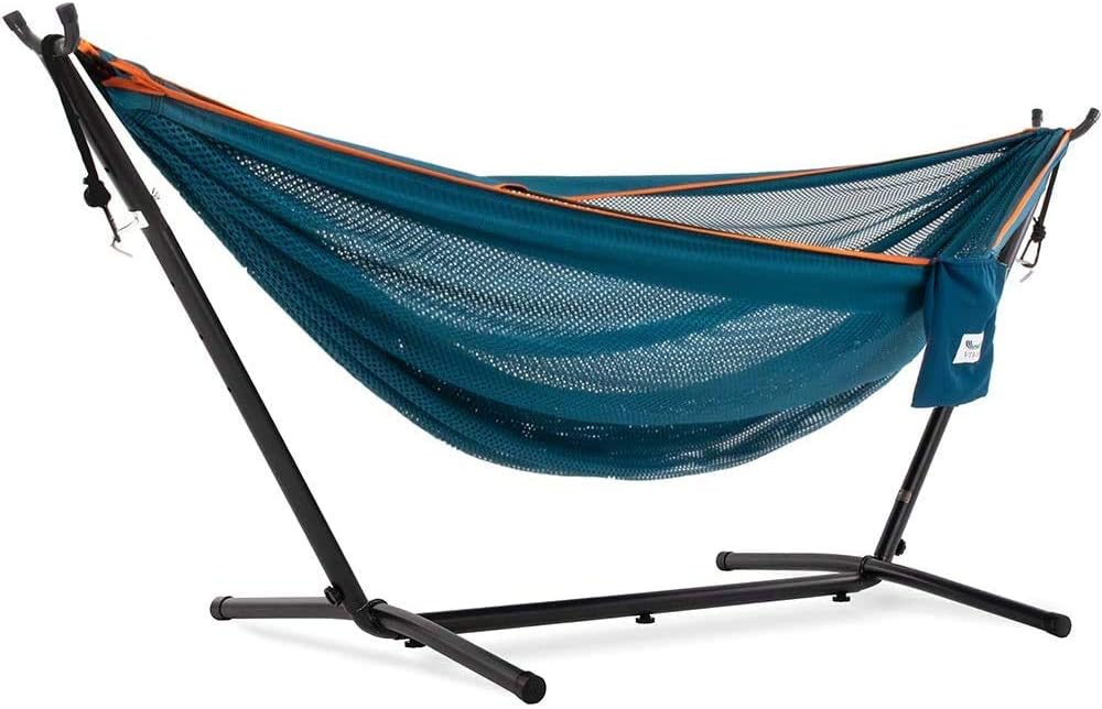 Vivere Double Mesh Hammock with Space Saving Steel Stand, Blue/Orange (450 lb Capacity - Premium Carry Bag Included)