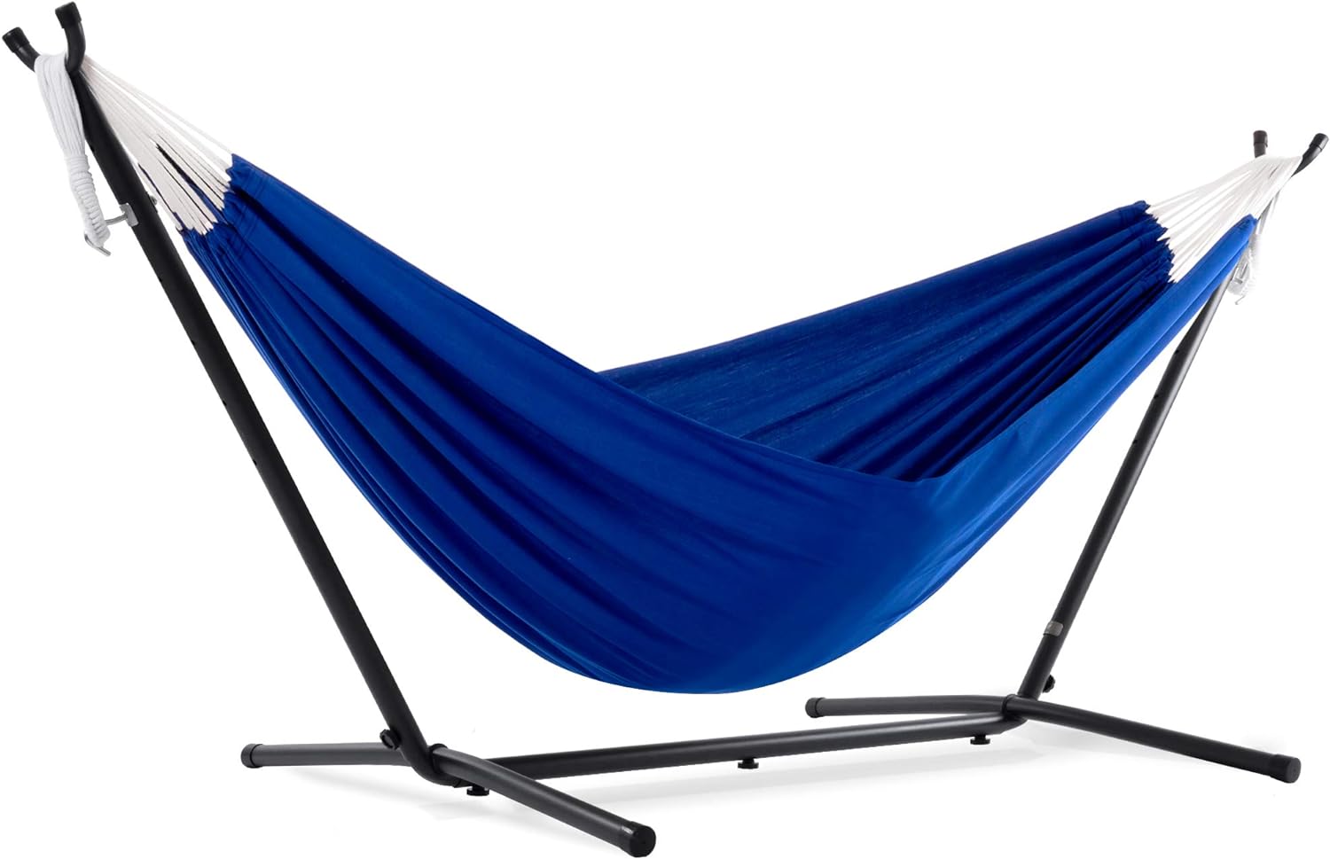 Vivere Double Polyester Hammock with Space Saving Steel Stand, Royal Blue (450 lb Capacity - Premium Carry Bag Included)