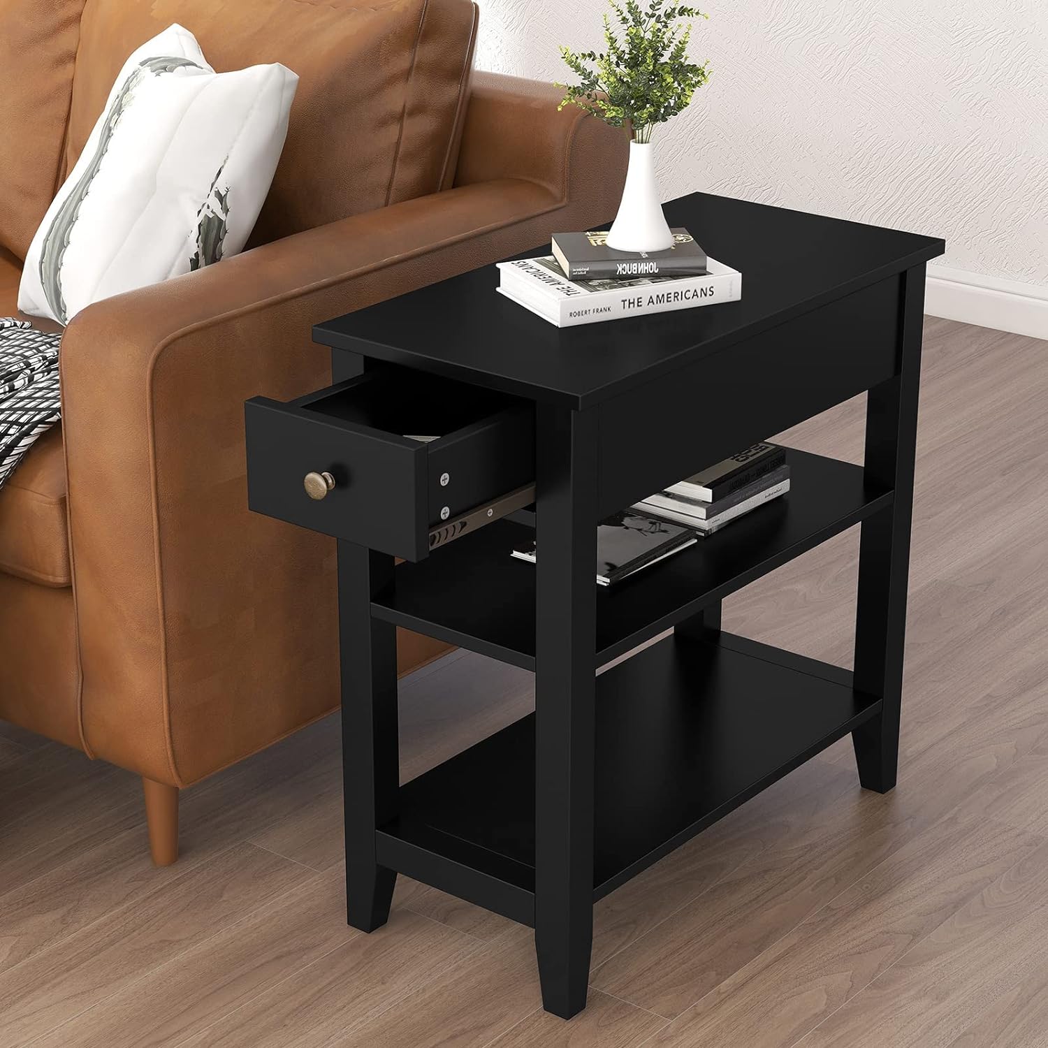 ChooChoo Side Table Living Room, Narrow End Table with Drawer and Shelf, 3-Tier Sofa End Table for Small Space, Black