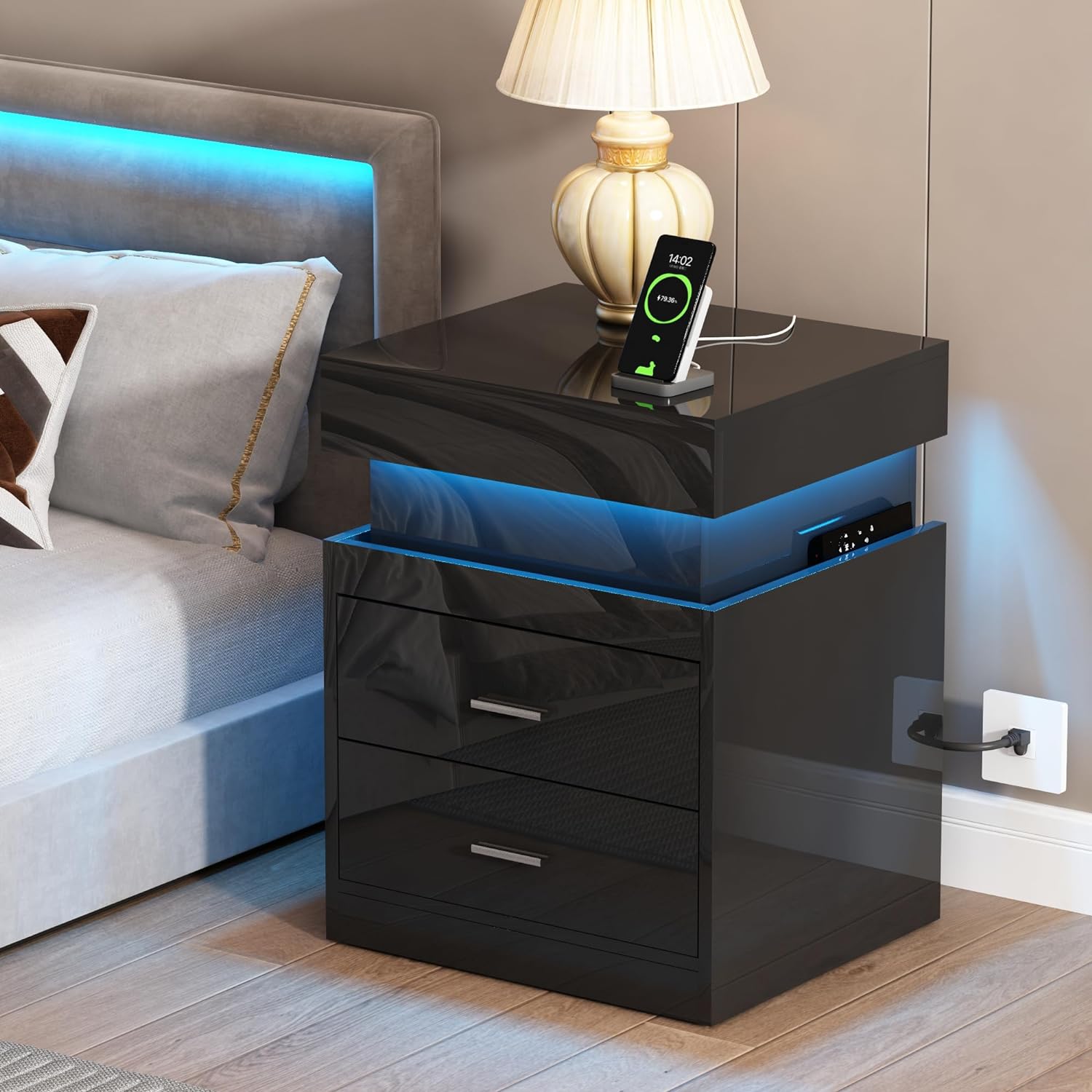 ChooChoo LED Nightstand with Charging Station,Smart Night Stand with Sliding Top Storage, 2-Drawers High Gloss Bedside Table, Modern End Table for Bedroom,Black