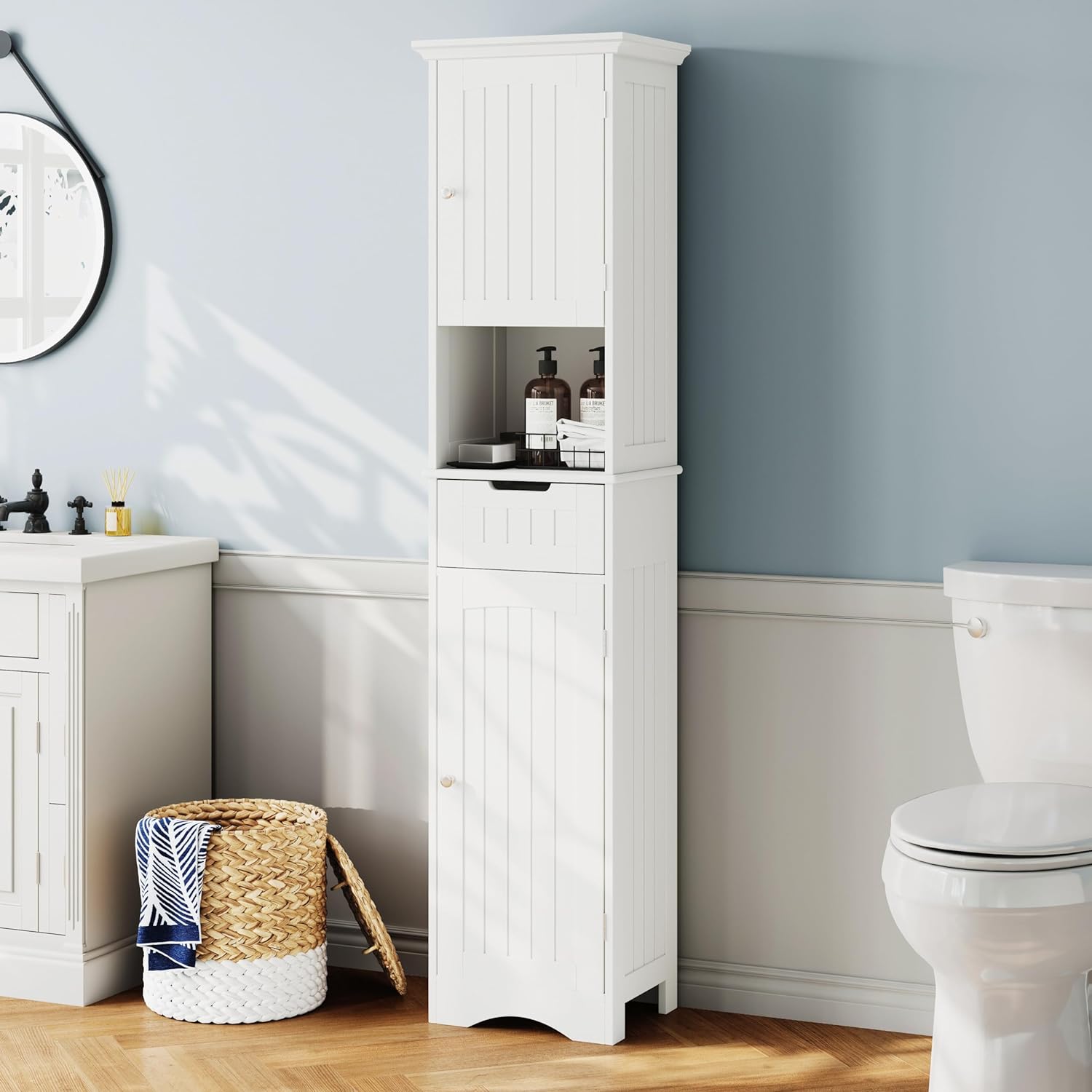 ChooChoo 67 Tall Bathroom Storage Cabinet Freestanding with Adjustable Shelves, Narrow Storage Linen Cabinet with 2 Doors and 1 Drawers for Bathroom, Living Room, Kitchen, White.