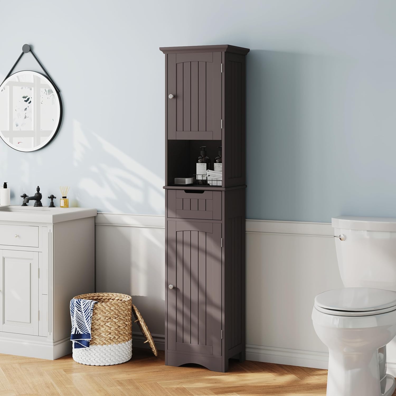 ChooChoo 67 Tall Bathroom Storage Cabinet Freestanding with Adjustable Shelves, Narrow Storage Linen Cabinet with 2 Doors and 1 Drawers for Bathroom, Living Room, Kitchen, Espresso