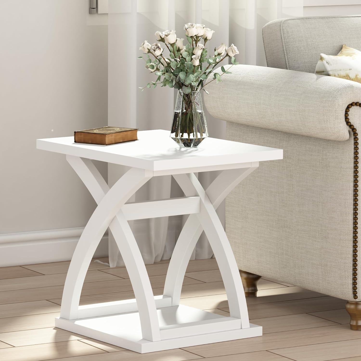 ChooChoo End Side Table, Modern End Table with Storage Shelf, X-Design Side Table Living Room (White)