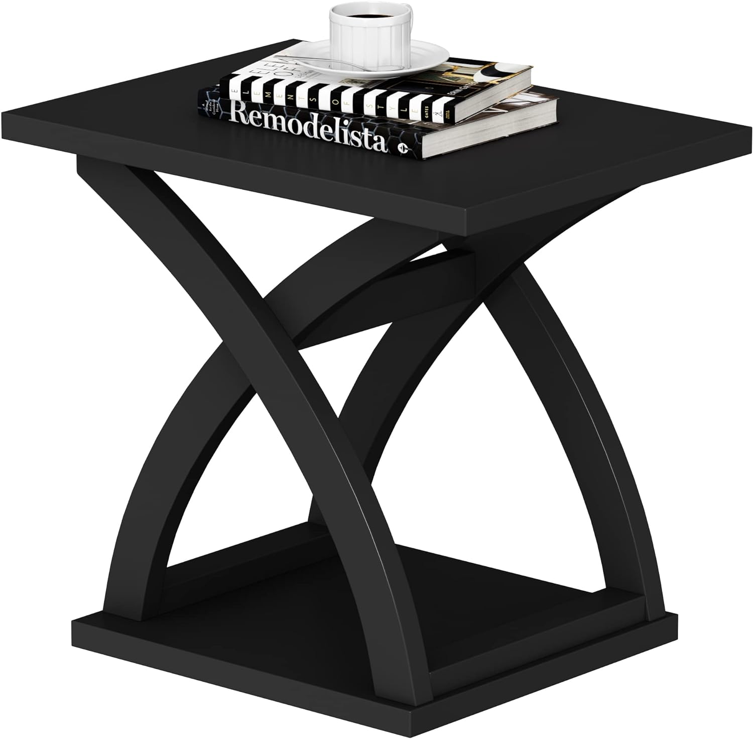 ChooChoo End Side Table, Modern End Table with Storage Shelf, X-Design Side Table Living Room (Black)