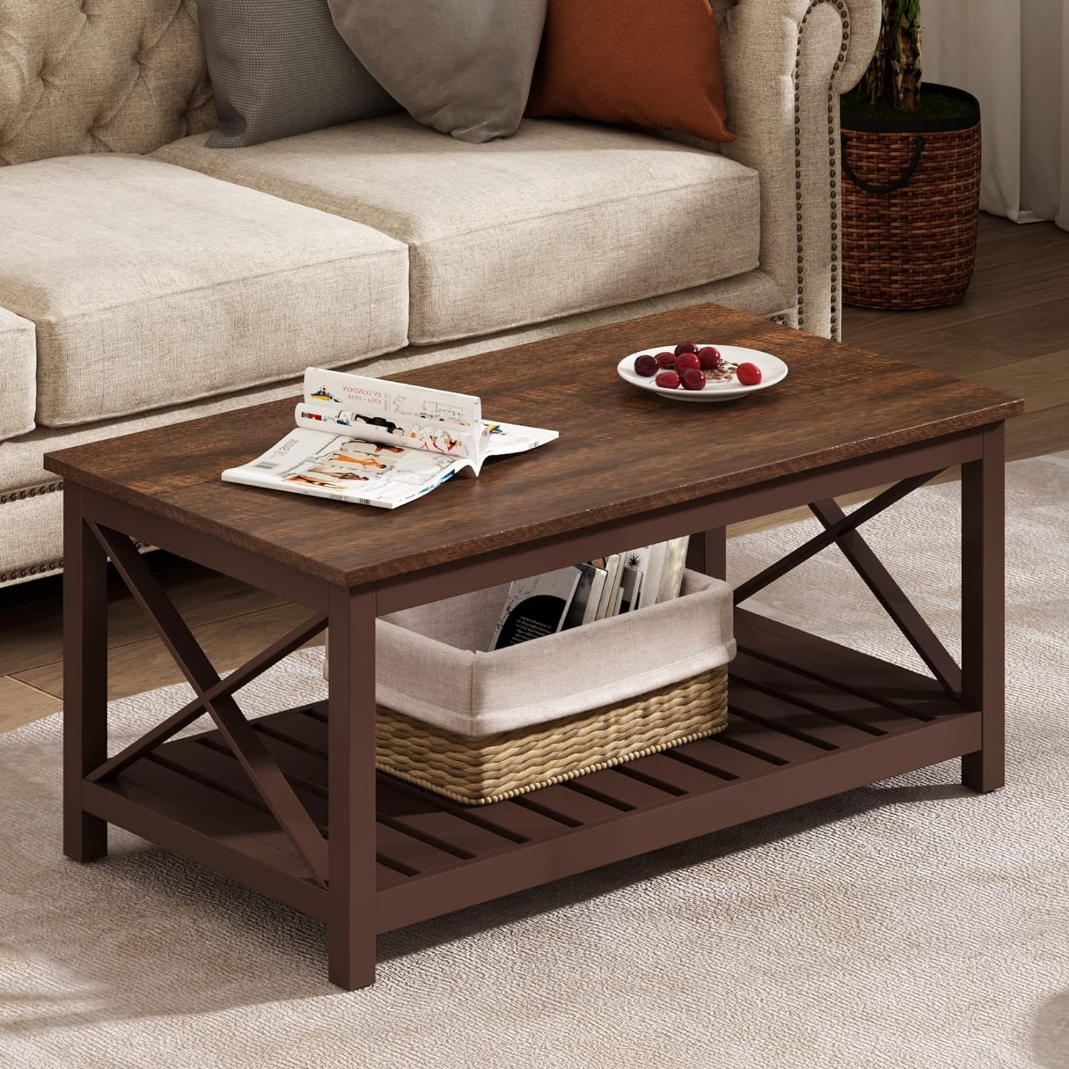 ChooChoo Coffee Table, Rustic Vintage Farmhouse Living Room Table with Shelf, 40