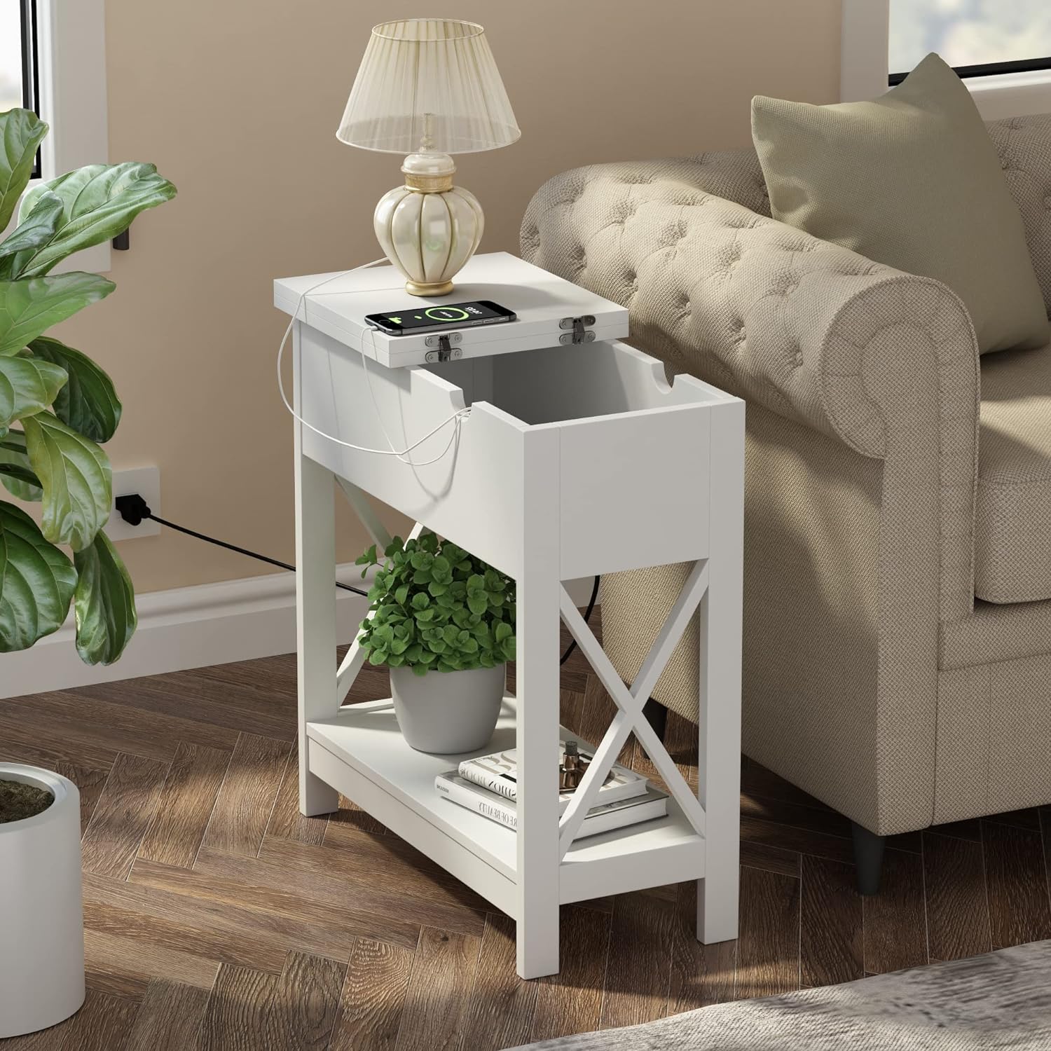 ChooChoo End Table with Charging Station, Narrow Flip Top Side USB Ports & Power Outlets for Small Spaces, Bedside Storage, Nightstand Sofa Living Room, Bedroom White