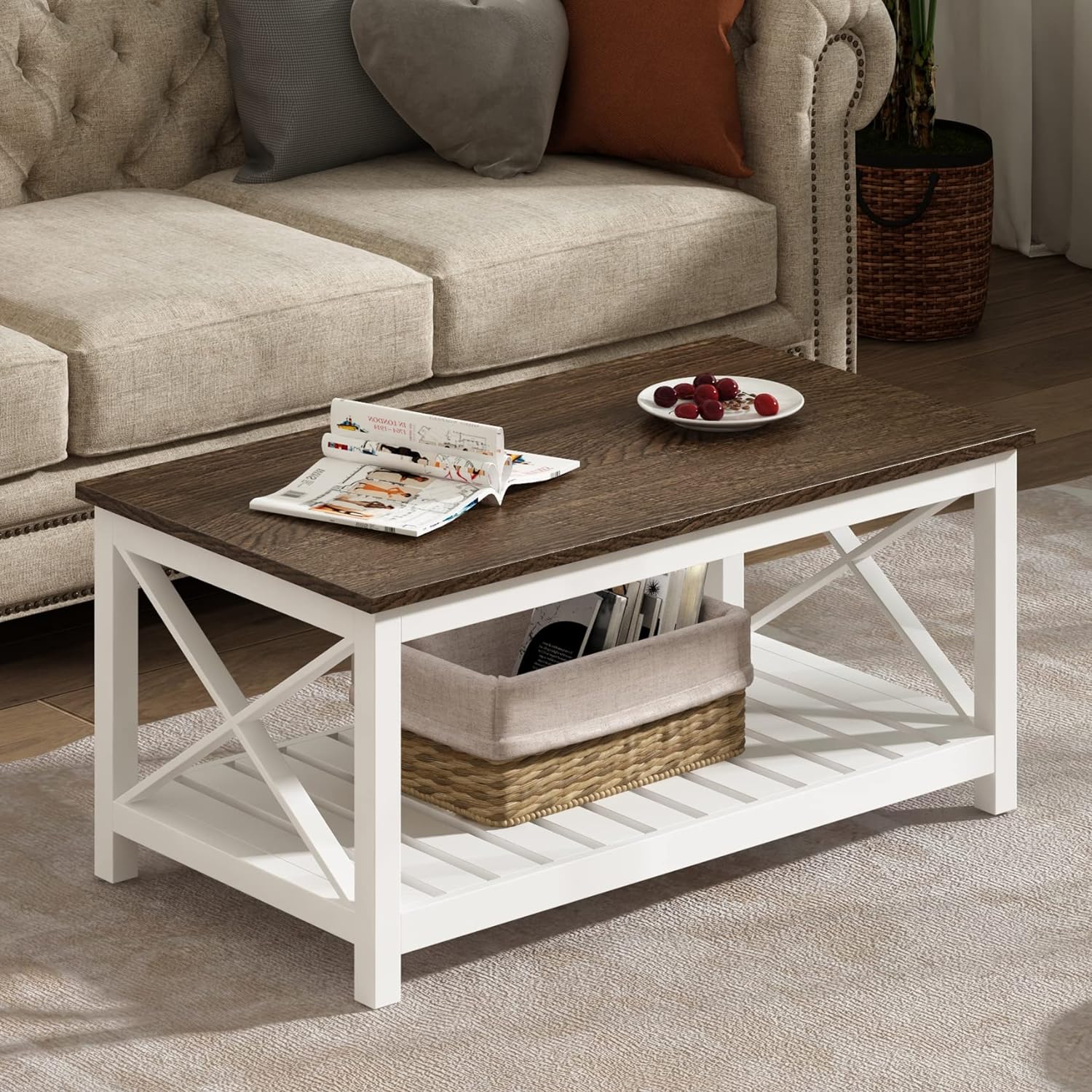 ChooChoo Coffee Table, Rustic Farmhouse Table with Shelf for Living Room, Vintage Finish White