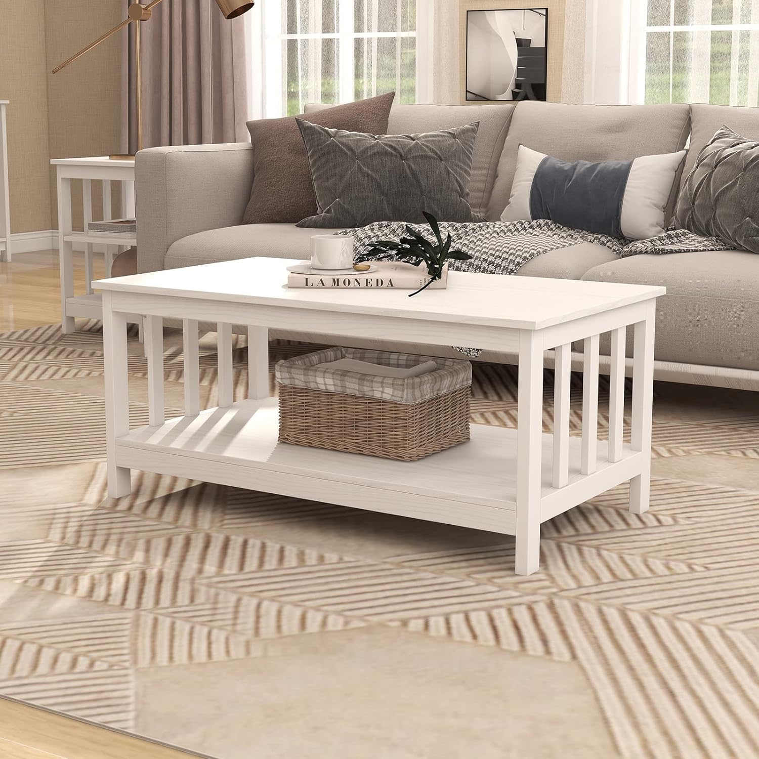 ChooChoo Farmhouse Coffee Table, Pure White Living Room Table with Shelf, 40 Inch