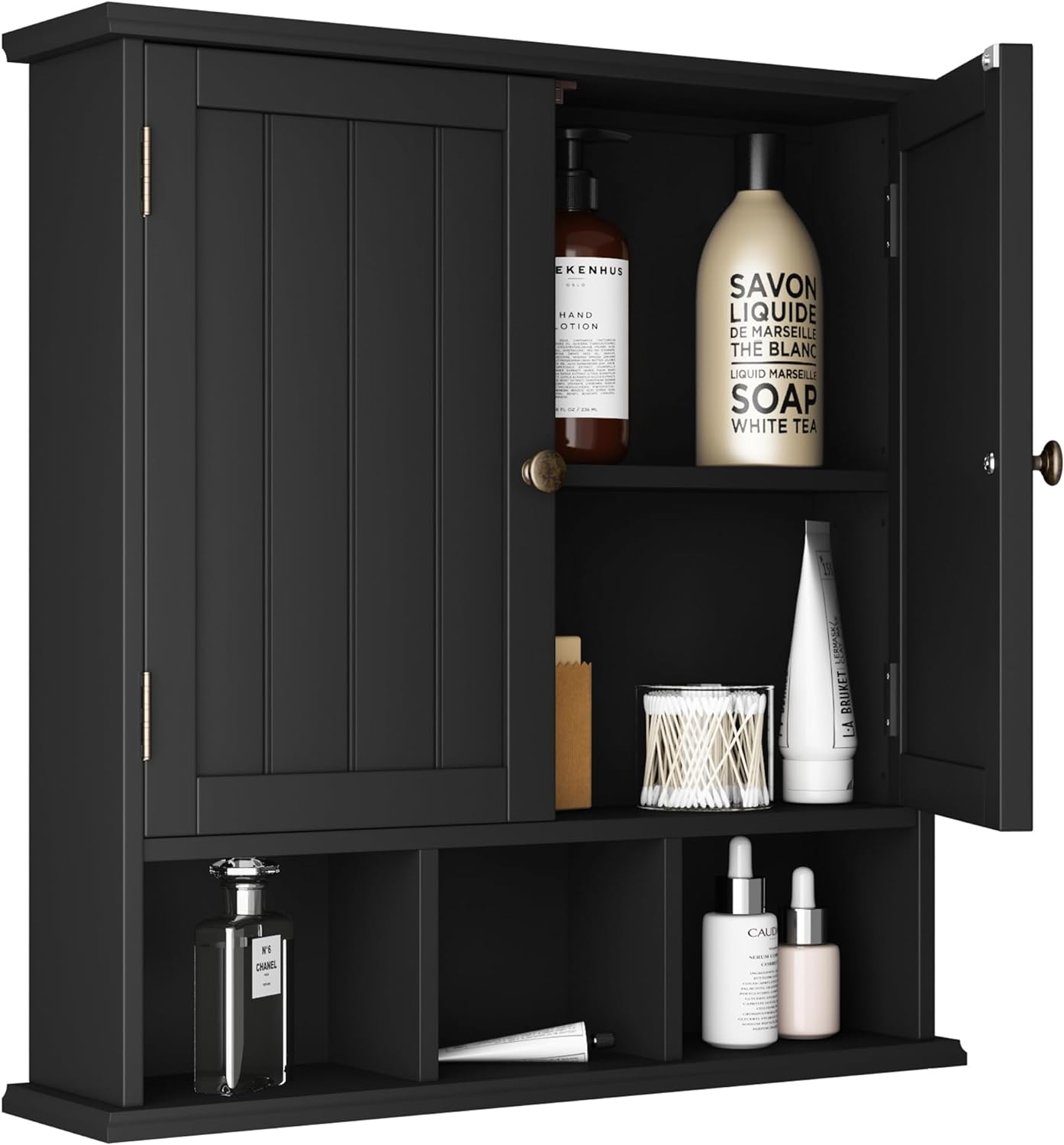 ChooChoo Bathroom Cabinet Wall Mounted 2-Door with 3 Open Shelves Wooden Medicine Cabinets with Adjustable ShelfSpace Saver Storage Cabinets Over The Toilet for Bathroom&Living RoomBlack