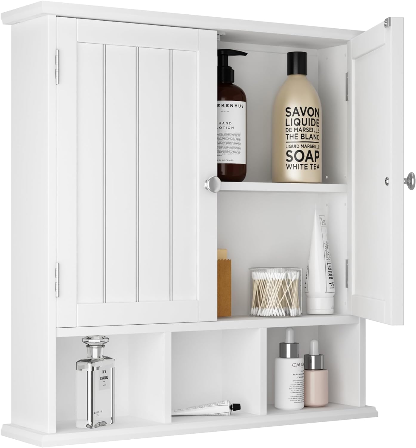 ChooChoo Bathroom Cabinet Wall Mounted 2-Door with 3 Open Shelves, Wooden Medicine Cabinets with Adjustable Shelf, Space Saver Storage Cabinets Over The Toilet for Bathroom&Living Room, White