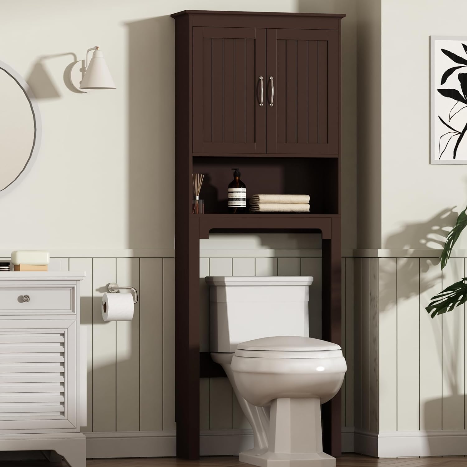 ChooChoo Over The Toilet Storage Cabinet,Bathroom Storage Cabinet Over Toilet with Adjustable Shelf, 2-Door Bathroom Organizer Cabinet Space Savor Above Toilet with Open Space, Espresso