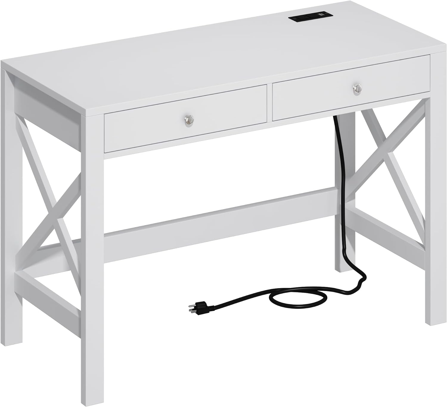 ChooChoo Computer Desk with USB Charging Ports and Power Outlets, 39 White Desk with Drawers, Small Study Writing Table with Stable X Frame for Home Office