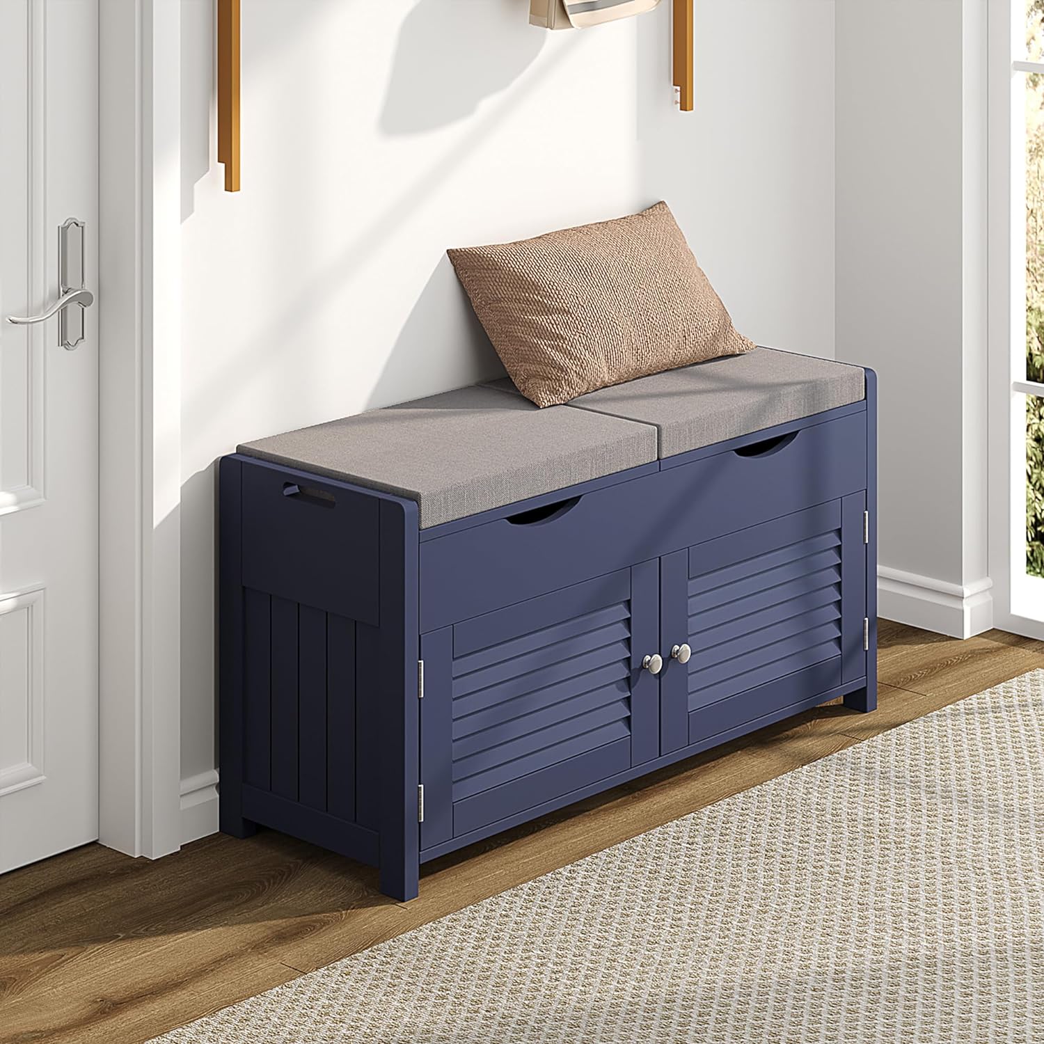 ChooChoo Shoe Storage Bench with Lift Top Storage, Entryway Bench with 2 Cushioned Seats, 3 Compartments, Shoe Cabinet with Hidden Storage for Entryway, Bedroom, Living Room, Navy Blue