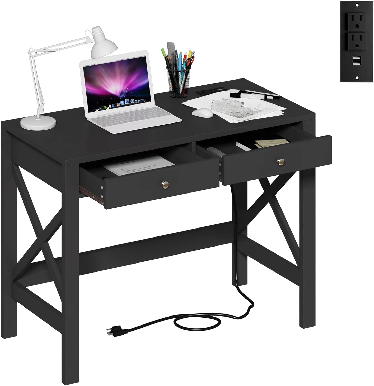 ChooChoo Computer Desk with USB Charging Ports and Power Outlets, 39 Black Desk with Drawers, Small Study Writing Table with Stable X Frame for Home Office