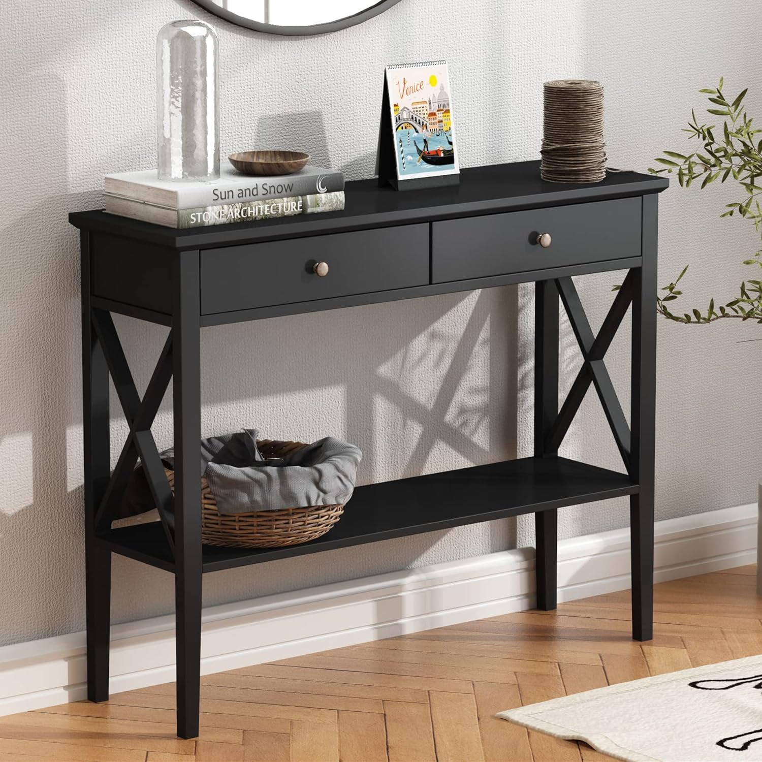 ChooChoo Console Table with Drawers, Narrow Wood Accent Sofa Table Entryway Table with Storage Shelf for Entryway, Front Hall, Hallway, Living Room, Black