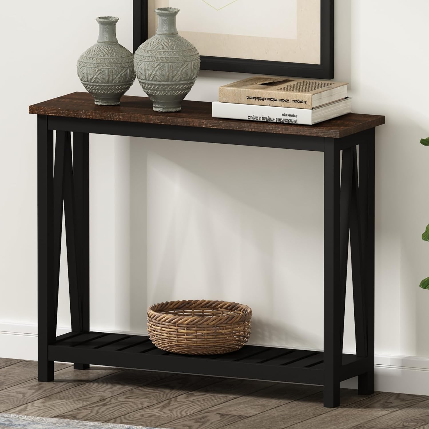 ChooChoo Console Table for Entryway Sofa Tables Living Room Farmhouse, Hallway Foyer Table Narrow with Shelf, Black