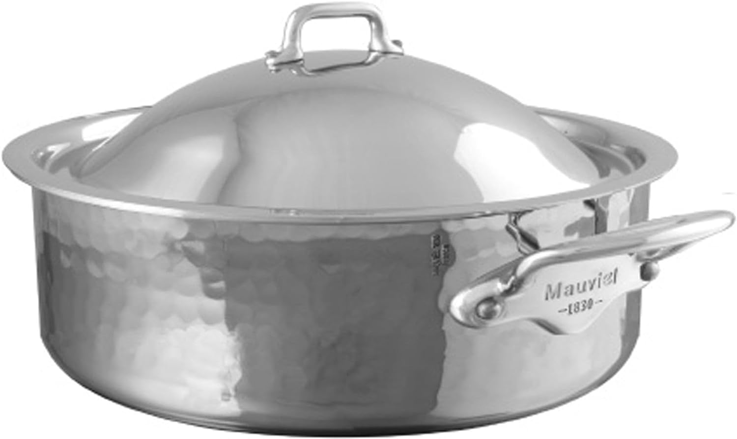 Mauviel M'Elite 5-Ply Hammered Polished Stainless Steel Rondeau With Dome Lid, And Cast Stainless Steel Handles, 3.2-Qt, Made in France