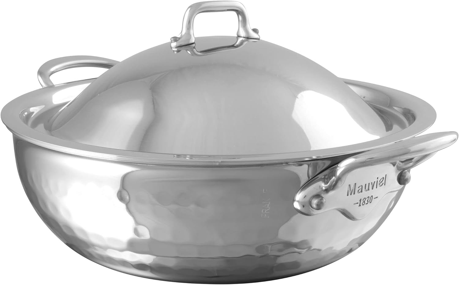 Mauviel M'Elite 5-Ply Hammered Polished Stainless Steel Splayed Curved Saute Pan With Dome Lid, And Cast Stainless Steel Handles, 3.3-qt, Made in France