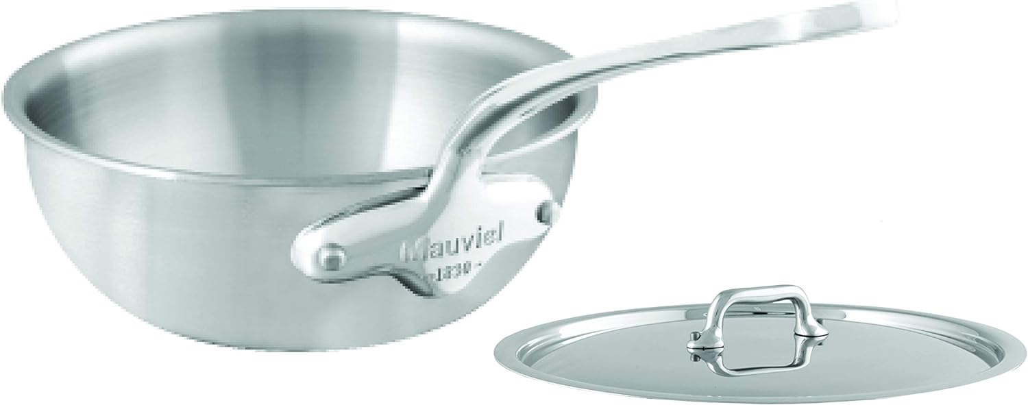 Mauviel M'Urban 3 Tri-Ply Brushed Stainless Steel Curved Splayed Saute Pan With Lid, Cast Stainless Steel Handles, 2.1-qt, Made In France