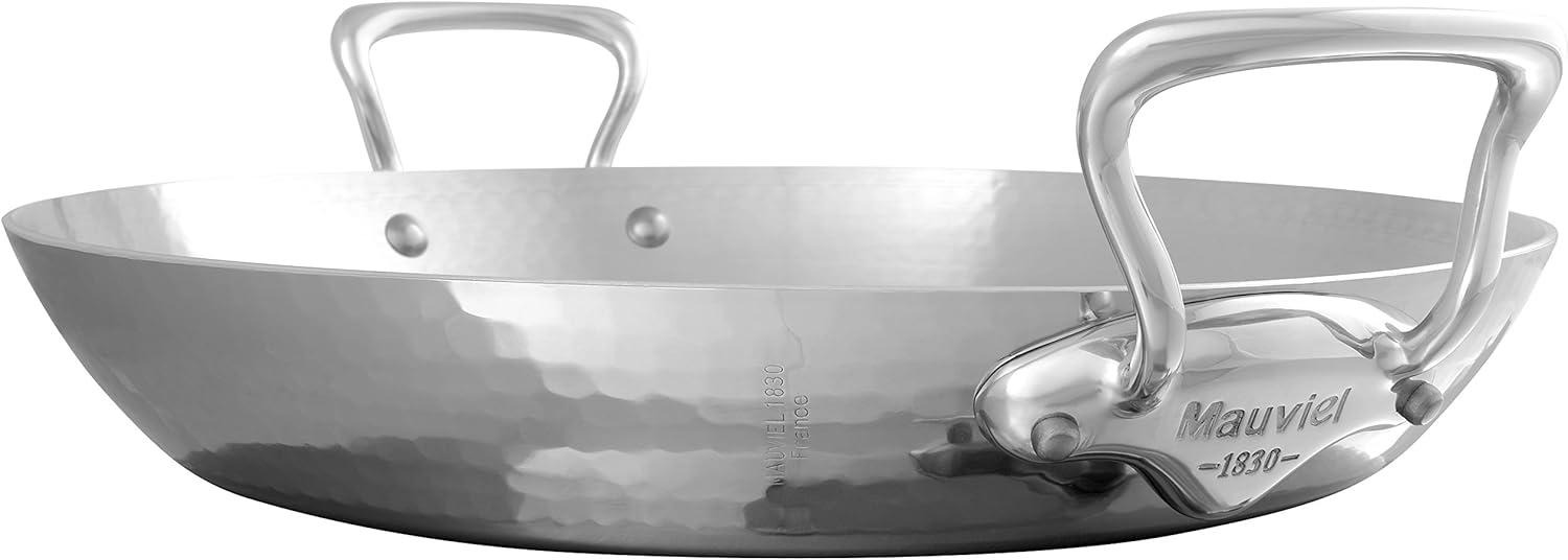 Mauviel M'Elite 5-Ply Hammered Polished Stainless Steel Paella Pan With Cast Stainless Steel Handles, 13.8-in, Made in France