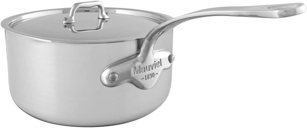 Mauviel M'Urban 3 Tri-Ply Brushed Stainless Steel Sauce Pan With Lid, And Cast Stainless Steel Handles, 2.6-qt, Made In France