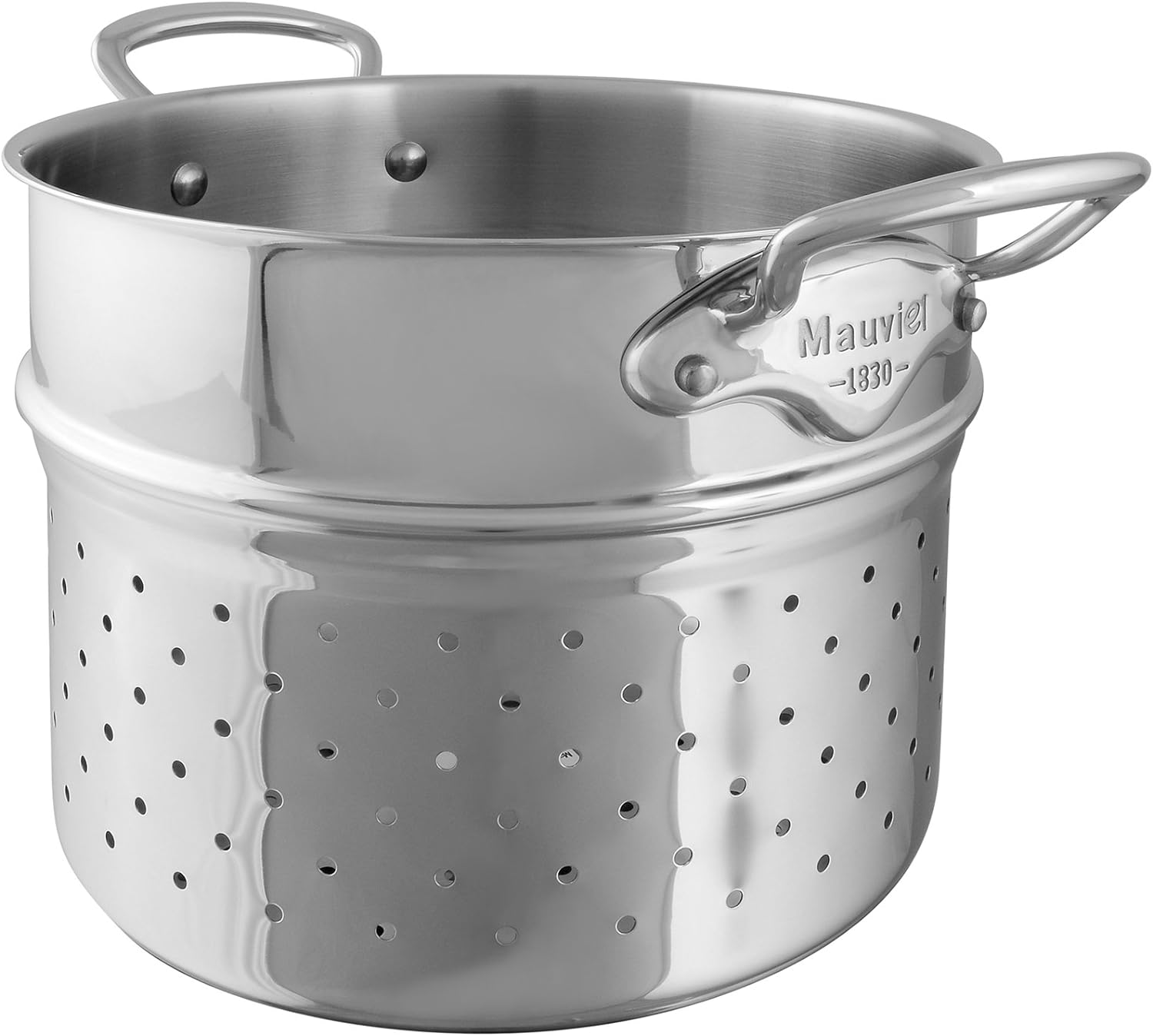 Mauviel M'Cook 5-Ply Polished Stainless Steel Pasta Insert With Cast Stainless Steel Handles, 9.4-in, Made In France