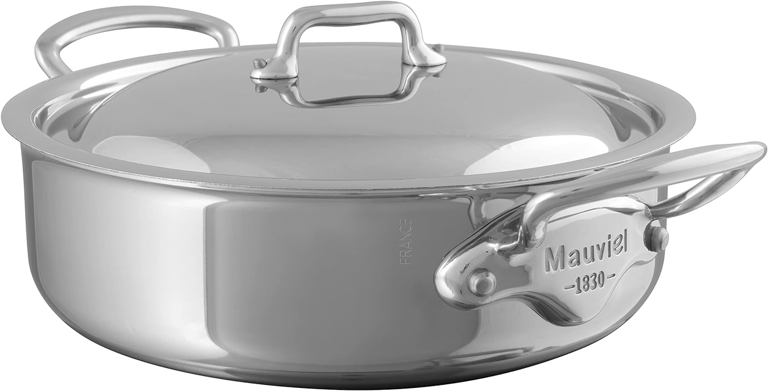 Mauviel M'Cook 5-Ply Polished Stainless Steel Rondeau/Braiser Pan With Lid, And Cast Stainless Steel Handles, 6-qt, Made In France