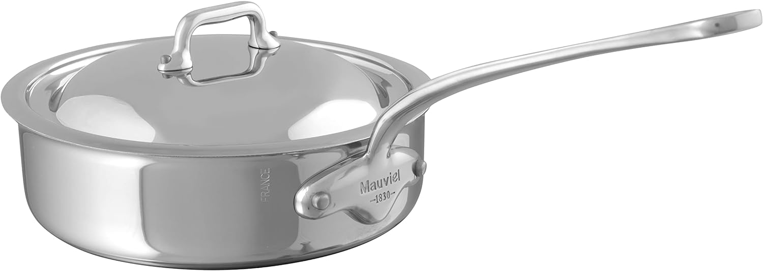 Mauviel M'Cook 5-Ply Polished Stainless Steel Saute Pan With Lid, And Cast Stainless Steel Handle, 1.8-qt, Made In France