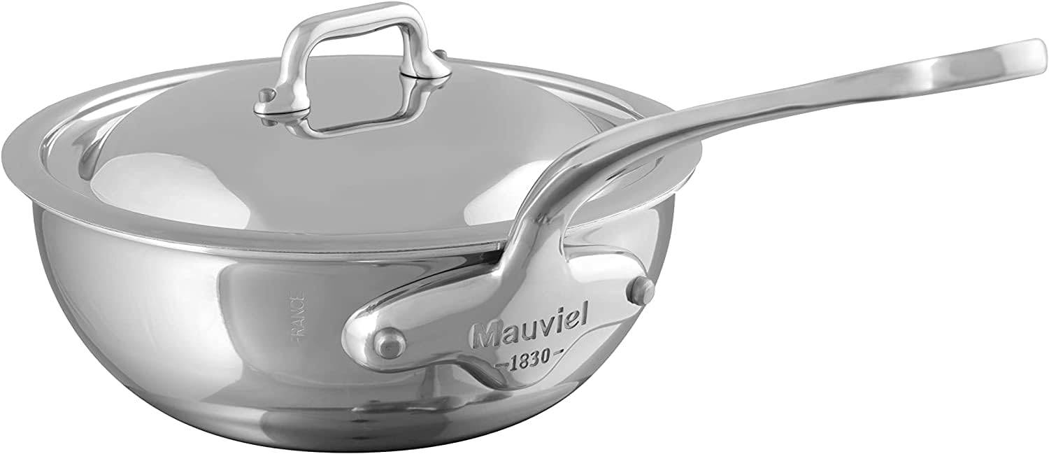 Mauviel M'Cook 5-Ply Polished Stainless Steel Splayed Curved Saute Pan With Lid, And Cast Stainless Steel Handle, 1.1-qt, Made In France