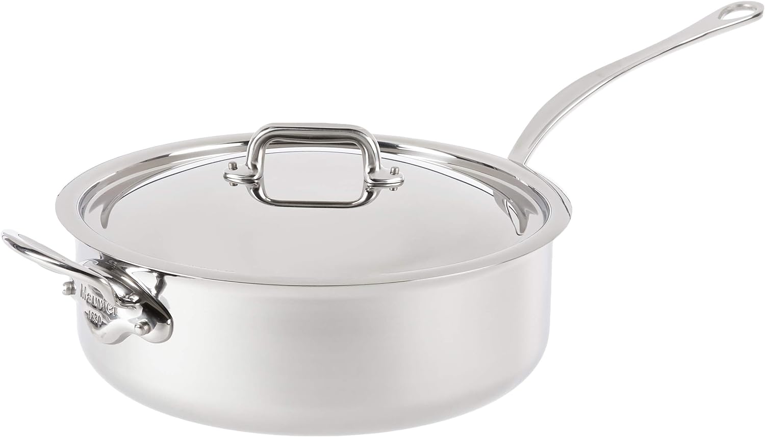 Mauviel M'Cook 5-Ply Polished Stainless Steel Saute Pan with Lid And Helper Handle, Cast Stainless Steel Handle, 6.2-qt, Made In France