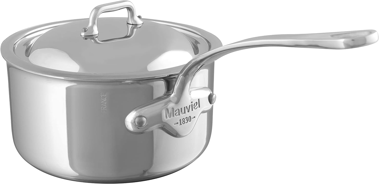 Mauviel M'Cook 5-Ply Polished Stainless Steel Sauce Pan With Lid, Cast Stainless Steel Handle, 2.6-qt, Made In France