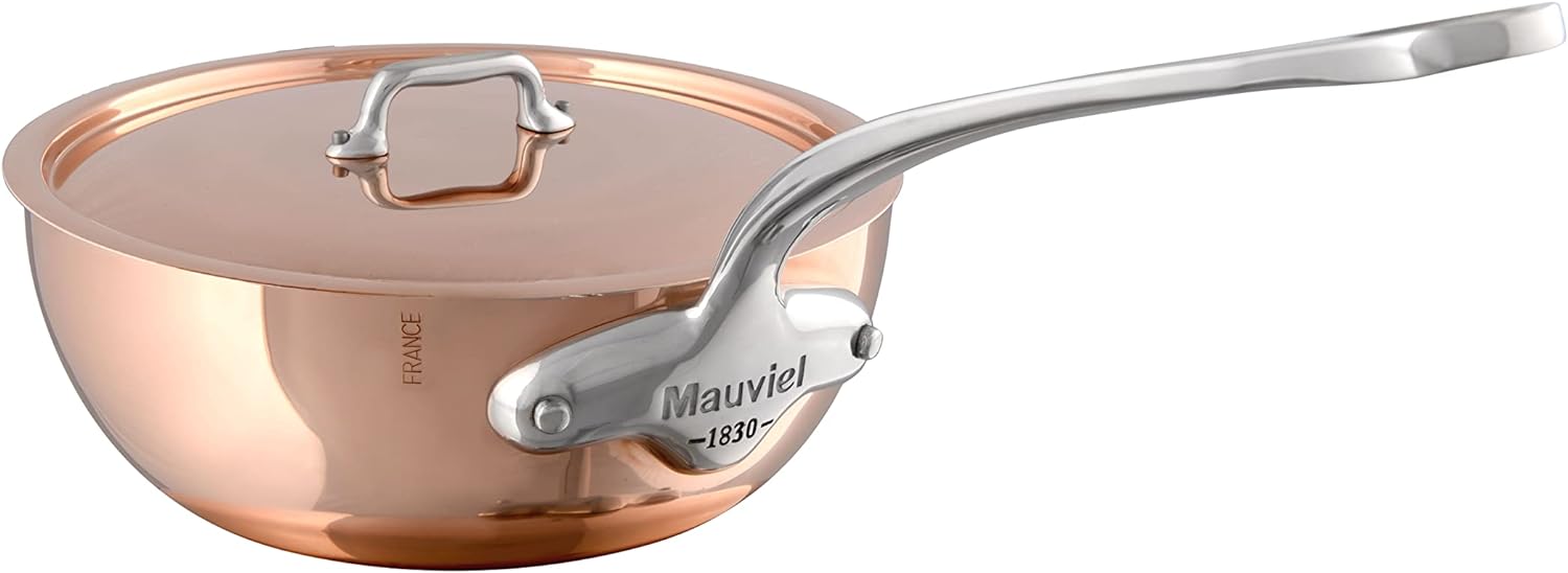 Mauviel M'150 S 1.5mm Polished Copper & Stainless Steel Splayed Curved Saute Pan With Lid, And Cast Stainless Steel Handle, 1.26-qt, Made In France