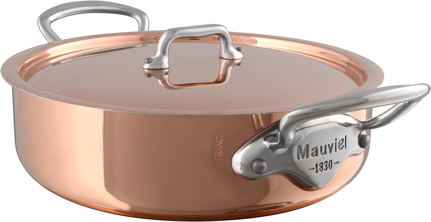 Mauviel M'150 S 1.5mm Polished Copper & Stainless Steel Rondeau/Braiser Pan With Lid and Cast Stainless Steel Handle, 6-qt, Made In France