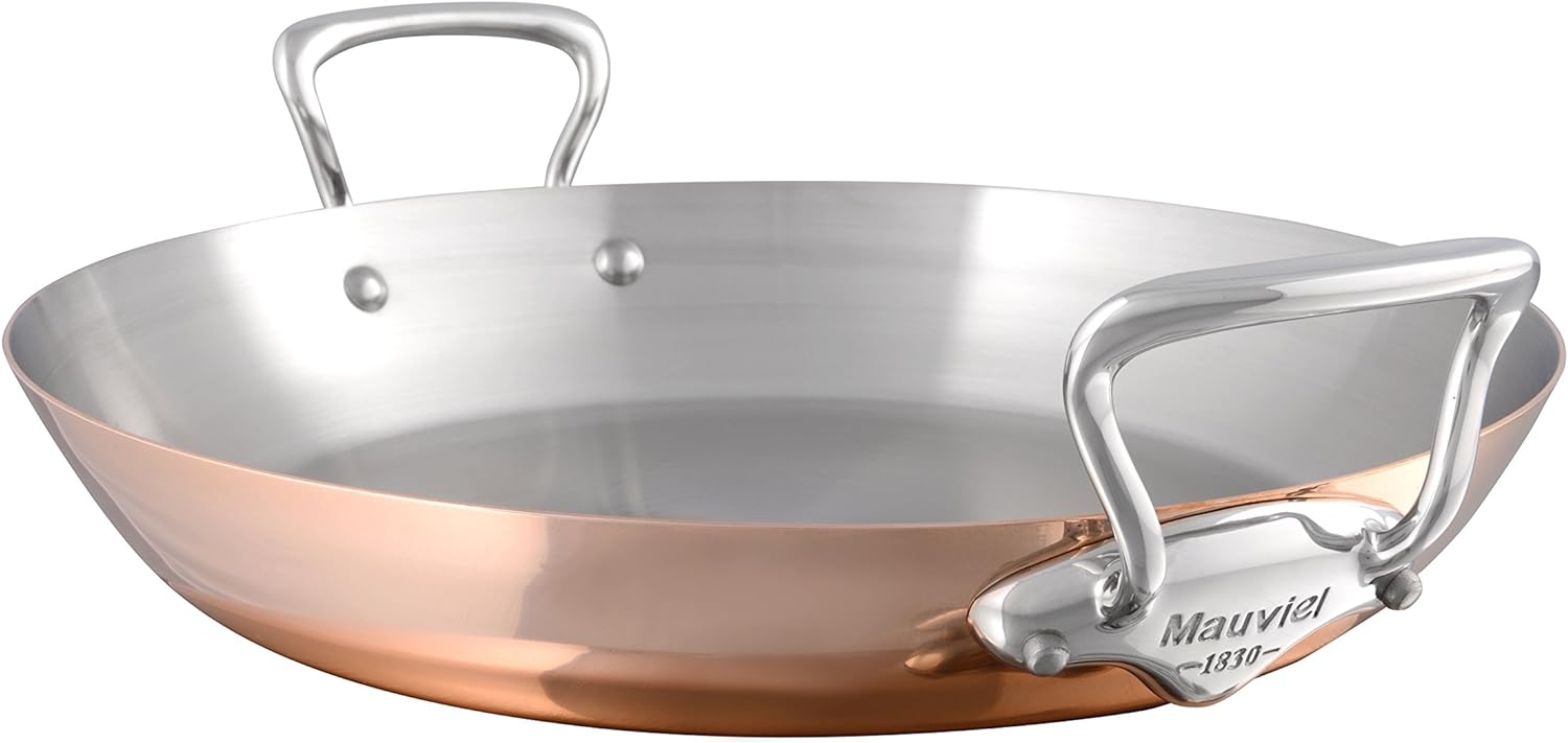 Mauviel M'150 S 1.5mm Polished Copper & Stainless Steel Paella Pan With Cast Stainless Steel Handles, 13.8-in, Made In France