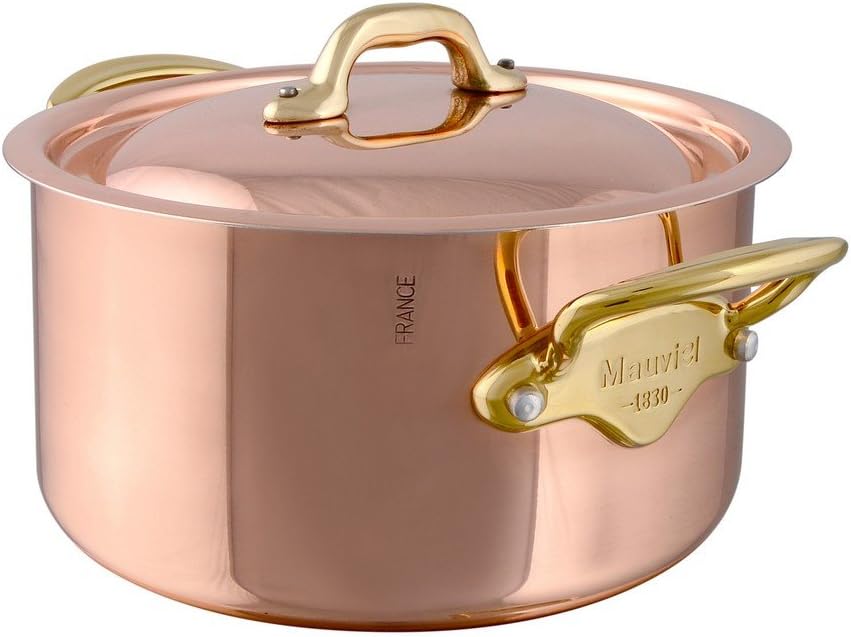 Mauviel M'150 B 1.5mm Polished Copper & Stainless Steel Stewpan With Lid, And Brass Handles, 6.3-qt, Made in France