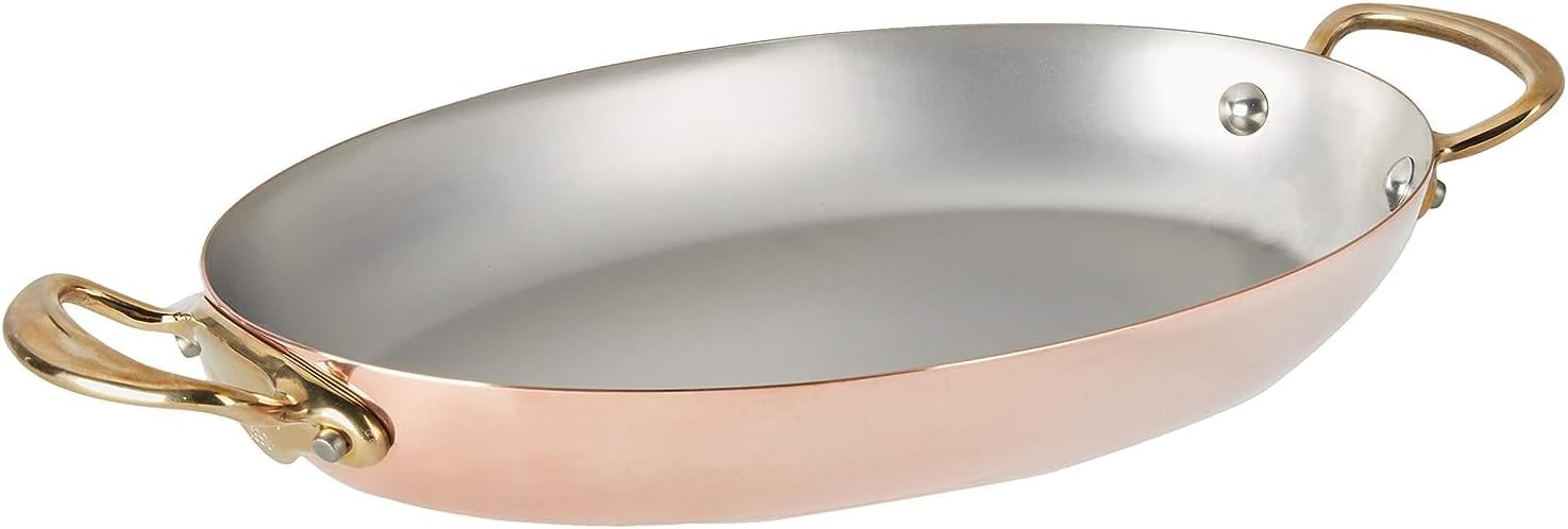 Mauviel M'150 B 1.5mm Polished Copper & Stainless Steel Oval Pan With Brass Handles, 11.8-in, Made in France