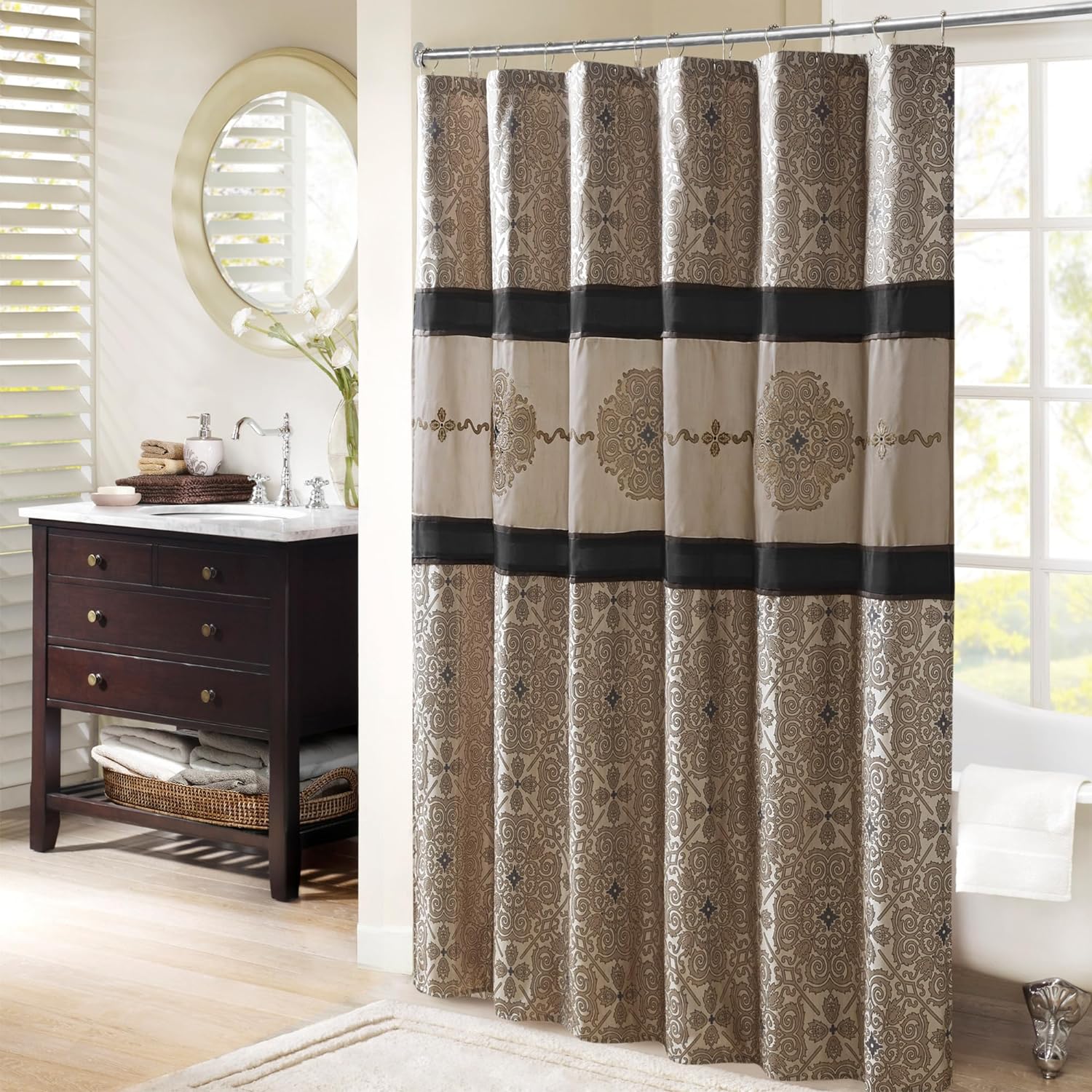 Madison Park Donovan Shower Curtain, Embroidered Jacquard Weave, Color Block Pieced Design, Traditional Bathroom Dcor, Machine Washable, Fabric Privacy Screen 72x72 Black