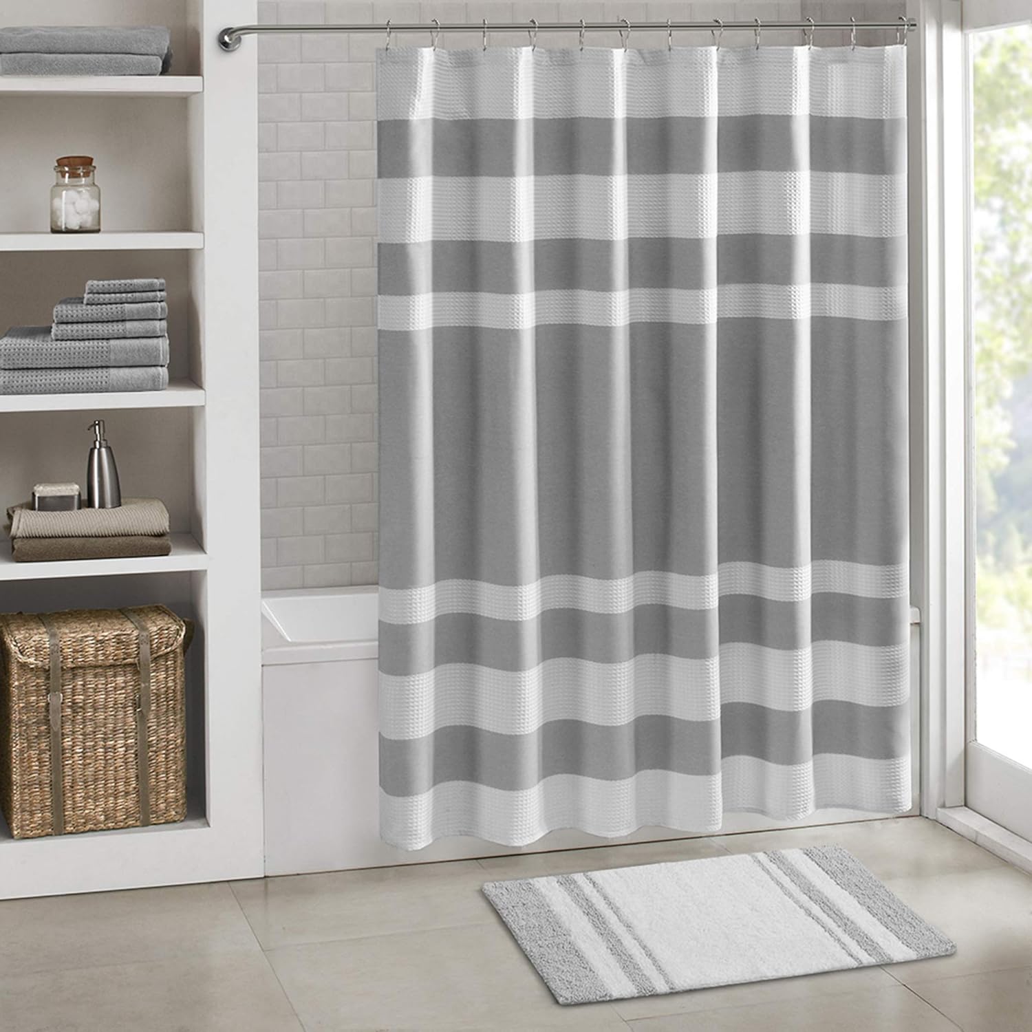 Madison Park - Spa Reversible Cotton Bath Rug - Grey - 20(W) x 30(L) - Striped - Water Absorbent- Fast Drying- Bath Mats - Feels Fluffy - Stylish & Sophisticated