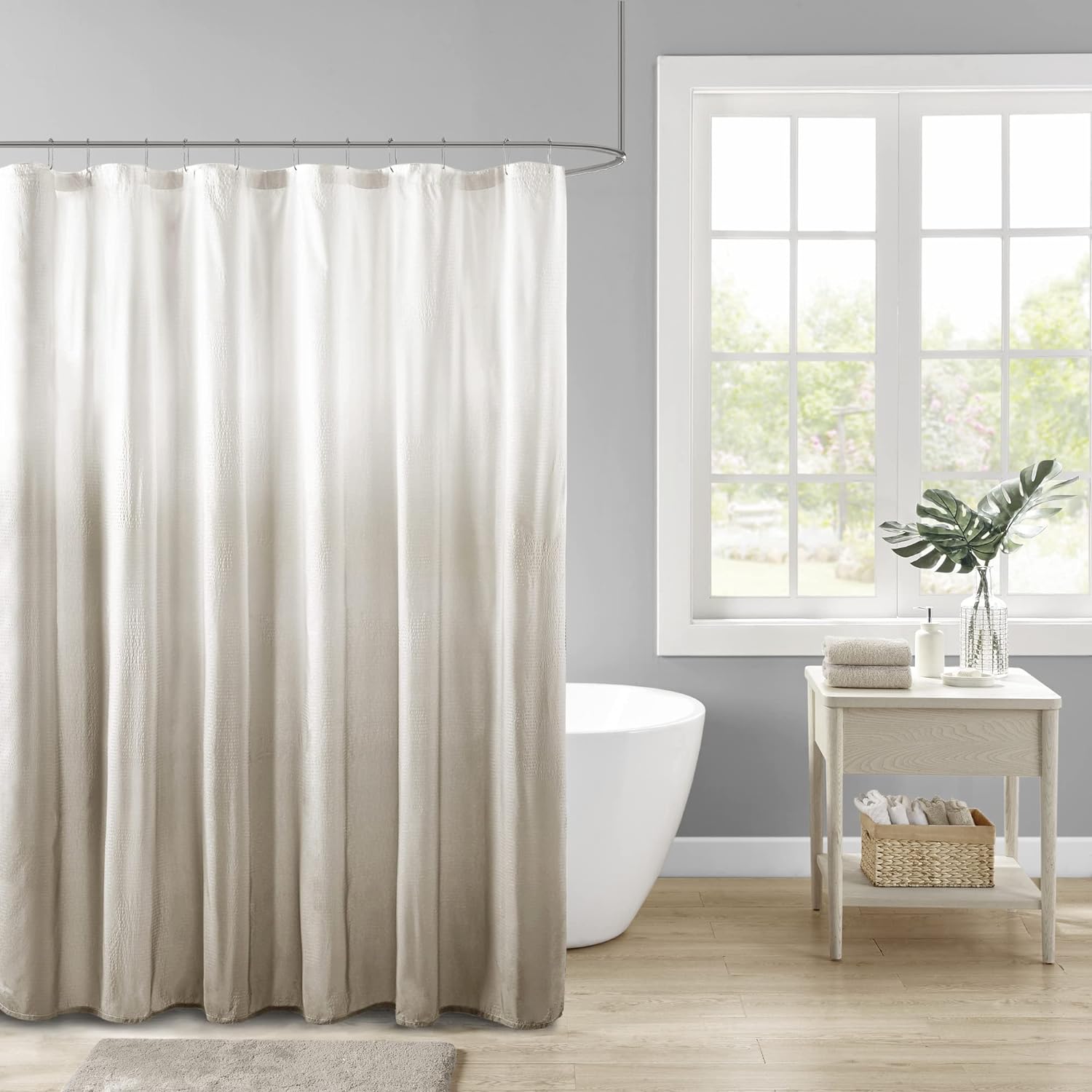 Madison Park Ara Shower Curtain, Seersucker Design Ombre Print, Modern Bathroom Decor, Machine Washable, Fabric Privacy Screen, 72x72, Taupe