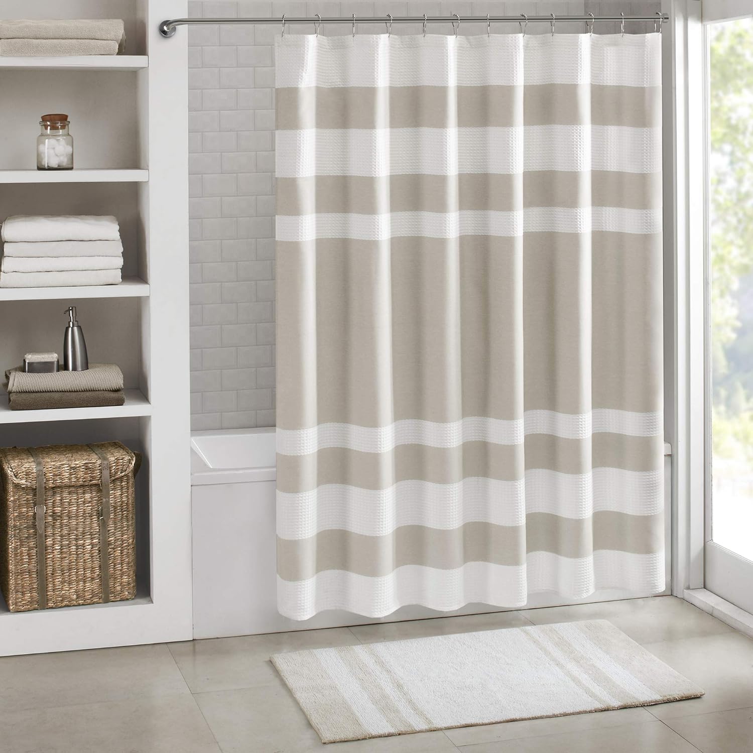 Madison Park Shower Curtain, Waffle Weave, Pieced Design Fabric Shower Curtain with 3M Scotchgard Moisture Management, Premium Spa Quality Modern Shower Curtains for Bathroom, Standard 72x72 Taupe