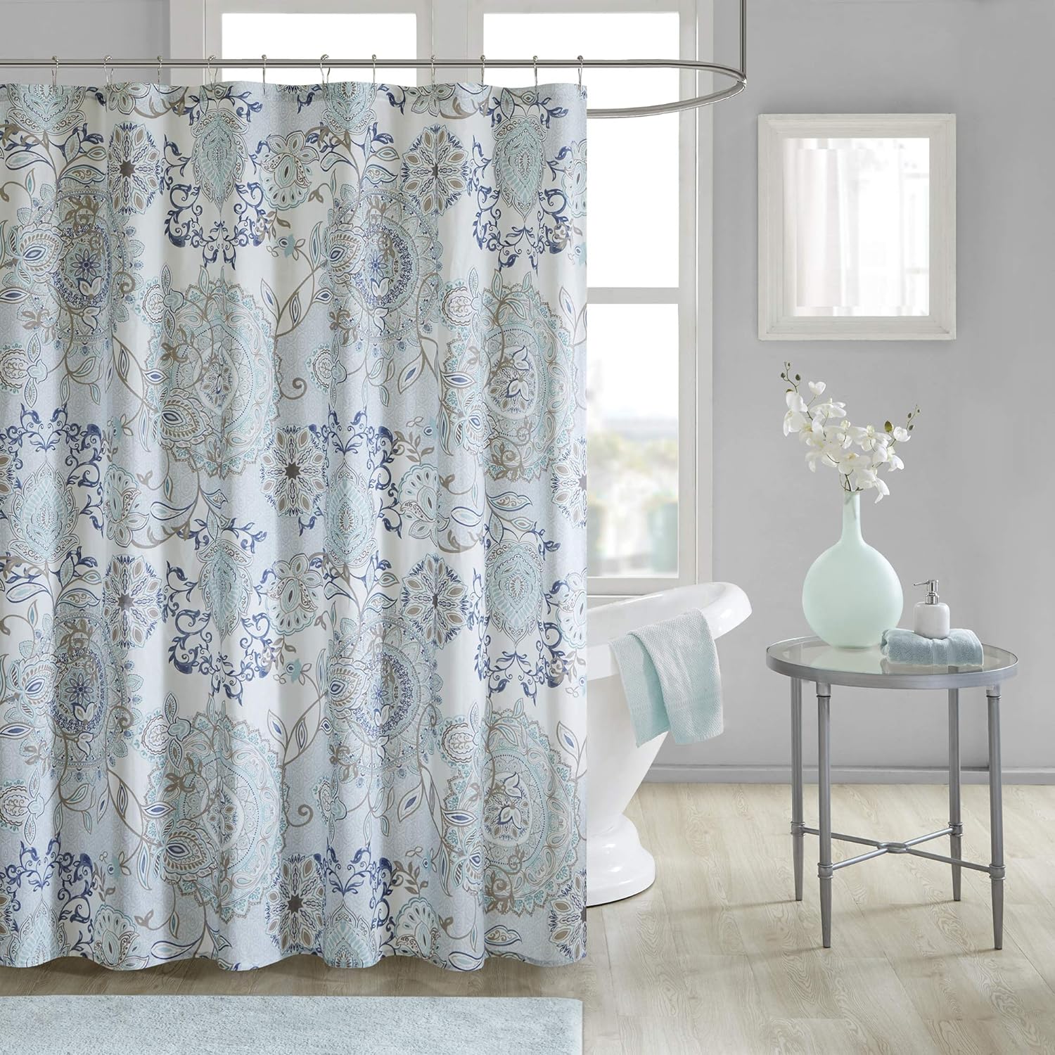 Madison Park Isla 100% Cotton Percale Shower Curtain, Floral Medallion Boho Printed Watercolor Cute Modern Home Bathroom Decor, Bathtub Privacy Screen, 72 x 72, Blue