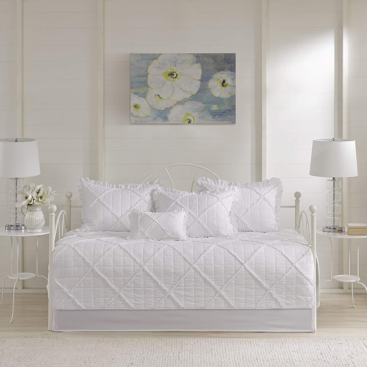 Madison Park Daybed Cover Set - Trendy Design, All Season Luxury Bedding with Bedskirt, Matching Shams, Decorative Pillow, Quilted Diamond Ruffle White 75x39 6 Piece