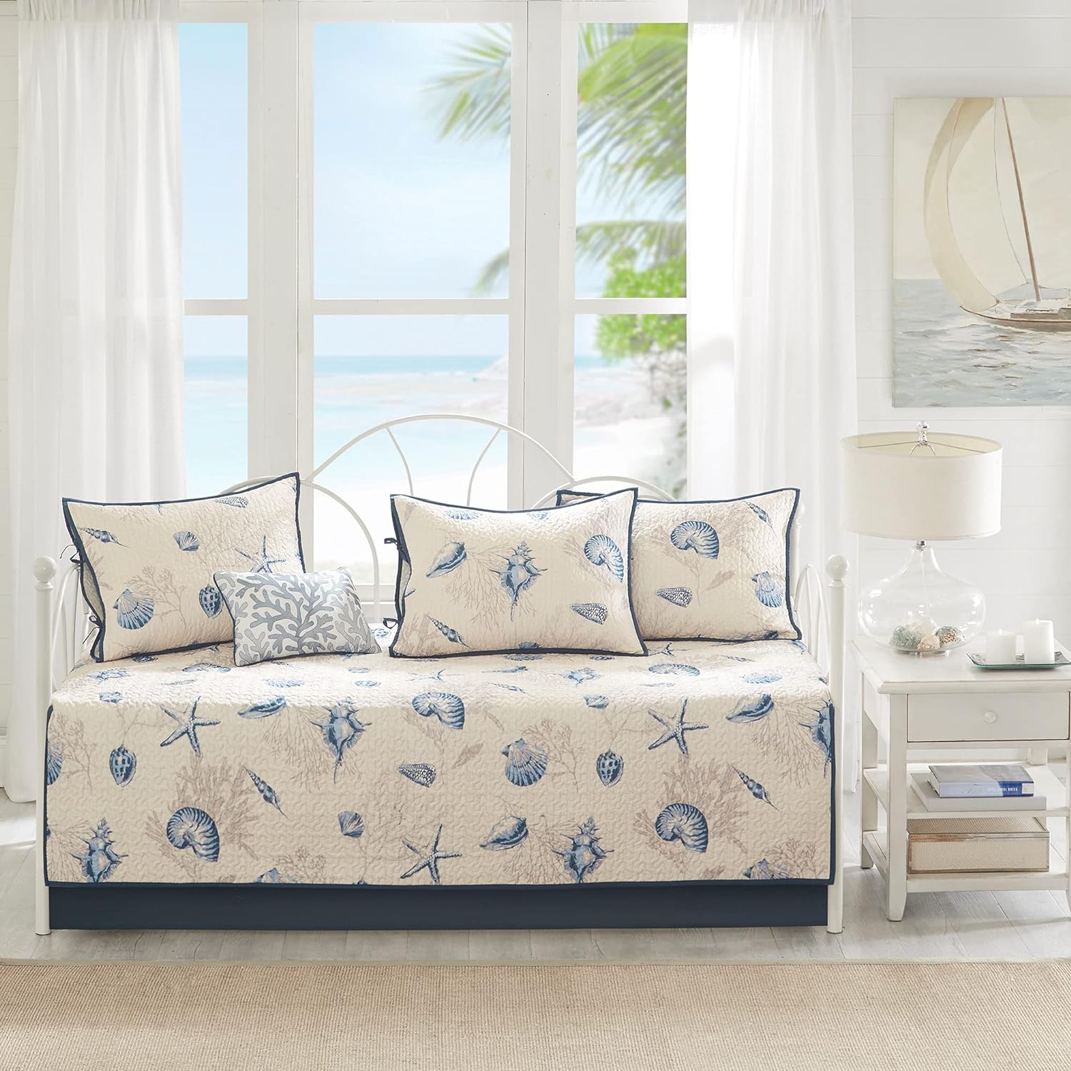 Madison Park Daybed Cover Double Sided Quilting Casual Design All Season Bedding Set with Bedskirt, Matching Shams, Decorative Pillow, 75 in x 39 in, Seashell Blue