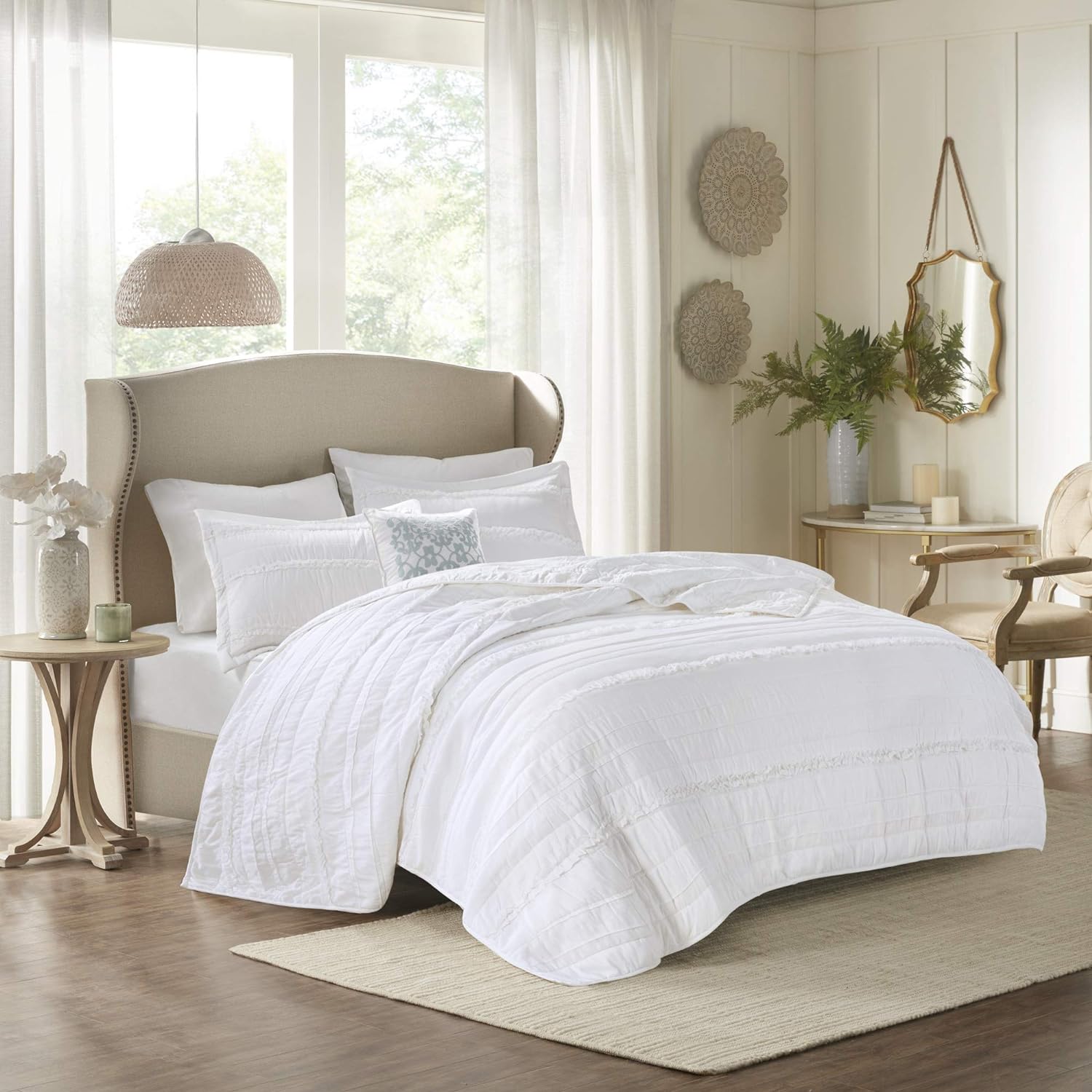 Madison Park Celeste Quilt Modern Classic Design All Season, Breathable Coverlet Lightweight Bedding Set, Matching Shams, Decorative Pillow, King/Cal King(104x94), Ruffle White 4 Piece