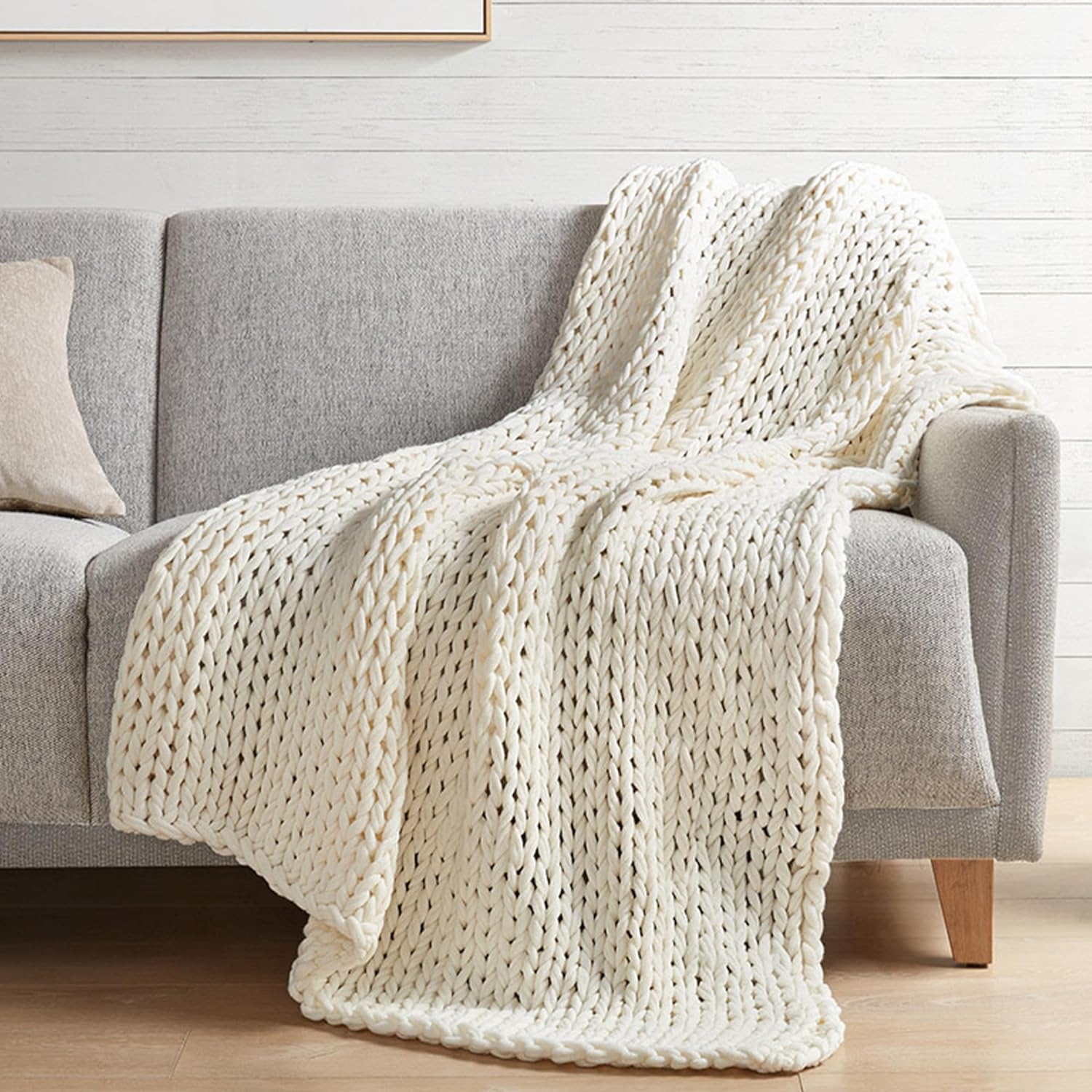 Madison Park Chunky Knit Handmade Throw Blanket, Luxurious and Classic Design, Elegantly Soft, Lightweight, Breathable, Cottage Style Room Dcor All Season Throw Blanket for Couch, 50W x 60L Ivory