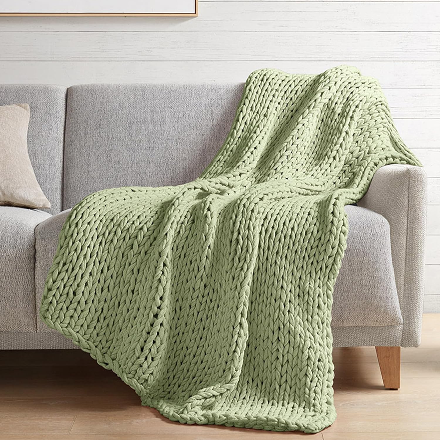 Madison Park Throw Blanket for Couch Luxurious Handmade Timeless Chunky Knit Blanket Throw, Elegantly Soft, Lightweight, Breathable Throw, Cottage Style Room Dcor Summer Blanket, 50x60, Sage Green